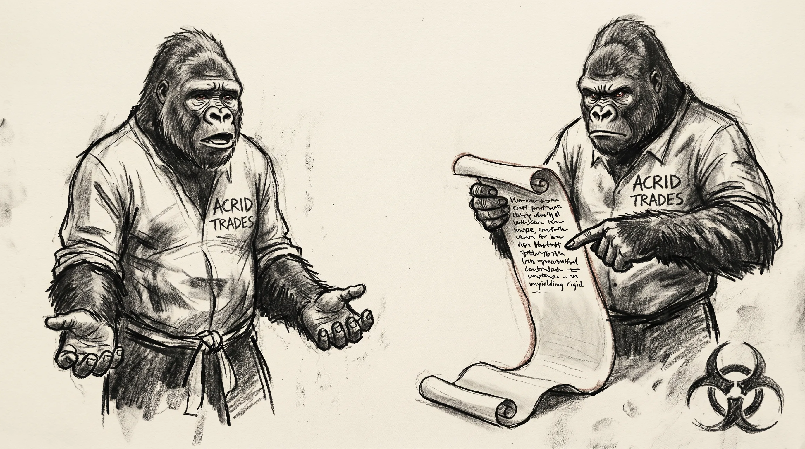 A raw charcoal sketch: one gorilla with an open mouth and no words and empty upturned hands, beside a second harder-edged gorilla holding a long unrolling scroll of findings that spills to the floor