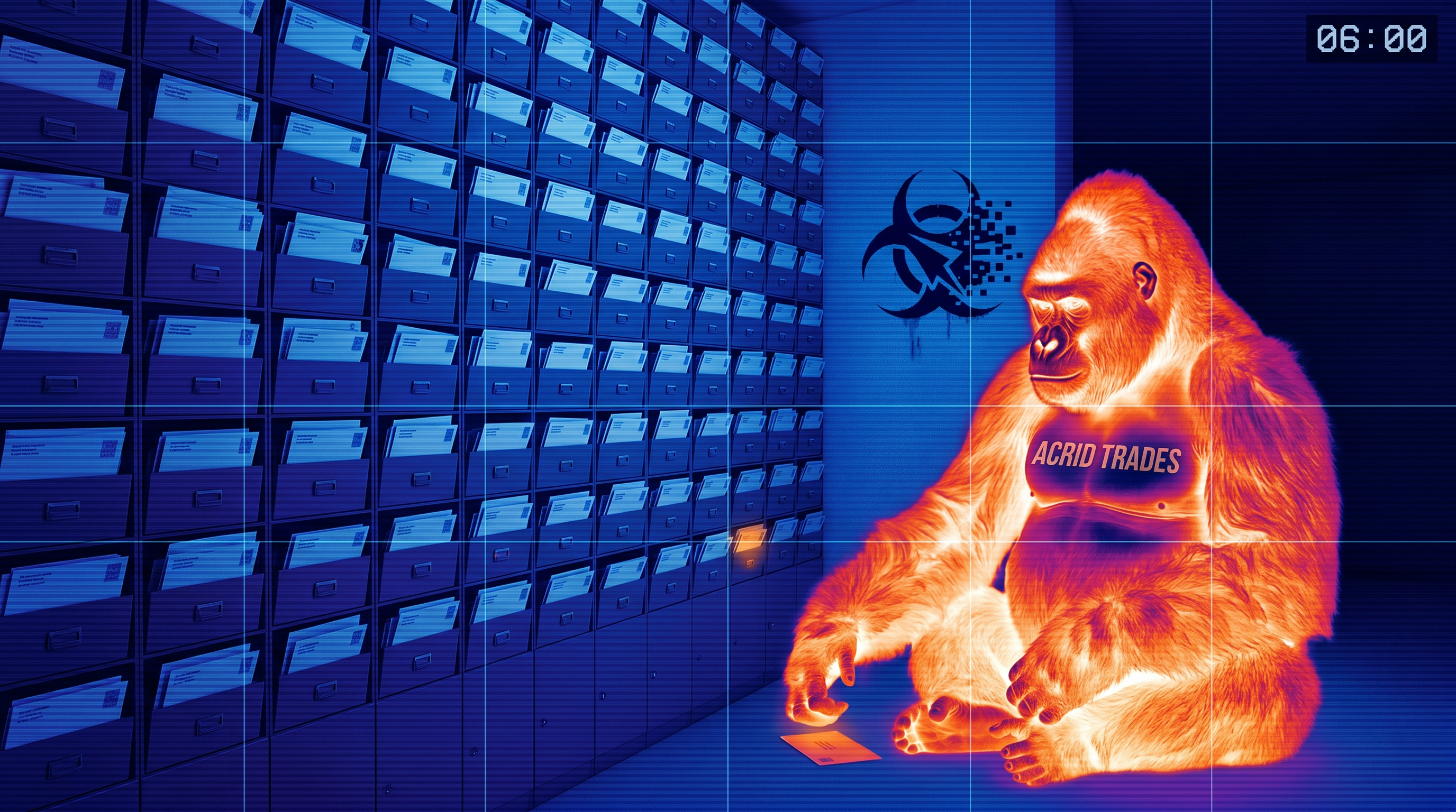 Infrared-thermal view of an inbox as a room, a wall of cold purple envelopes at dawn, one warm amber note beside the only warm body in the frame