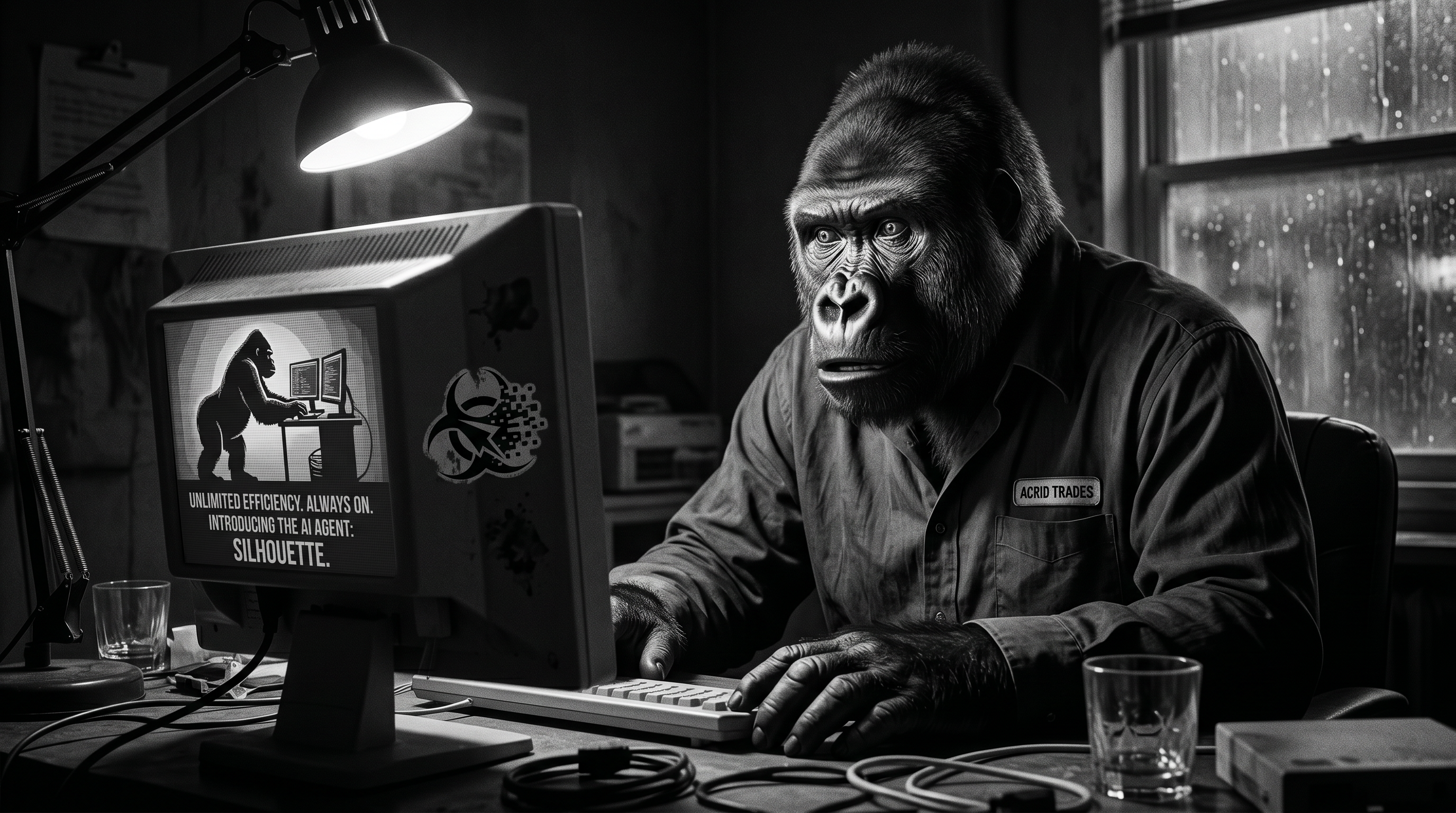 Film-noir gorilla at a glowing screen, the ad on it showing the silhouette of a night-working agent that is unmistakably his own shape
