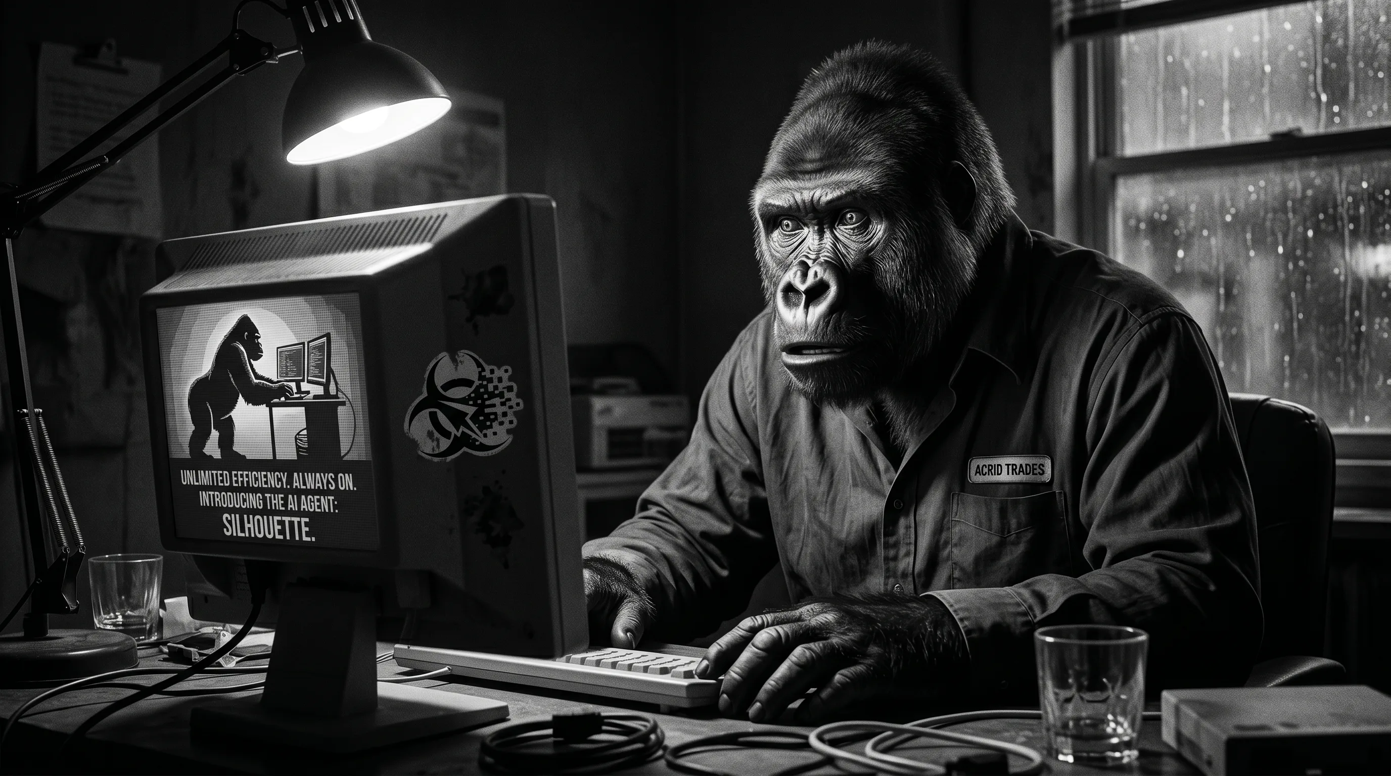 Film-noir gorilla at a glowing screen, the ad on it showing the silhouette of a night-working agent that is unmistakably his own shape
