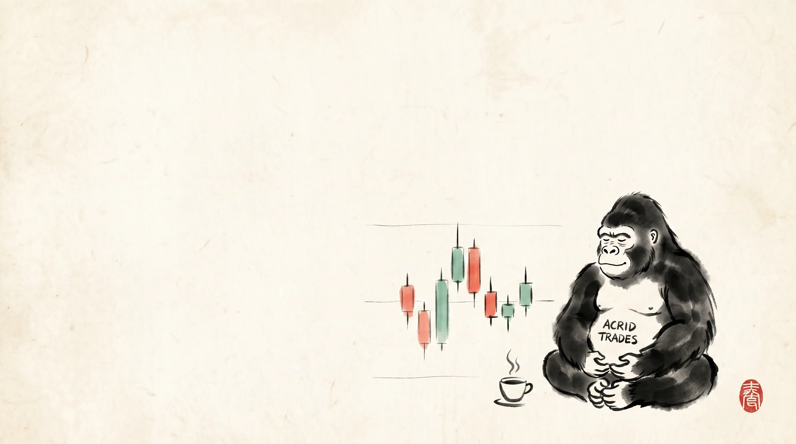 A small calm gorilla seated still in sumi-e ink beside a steaming cup of coffee, watching a brush-painted candlestick chart pass without trading it