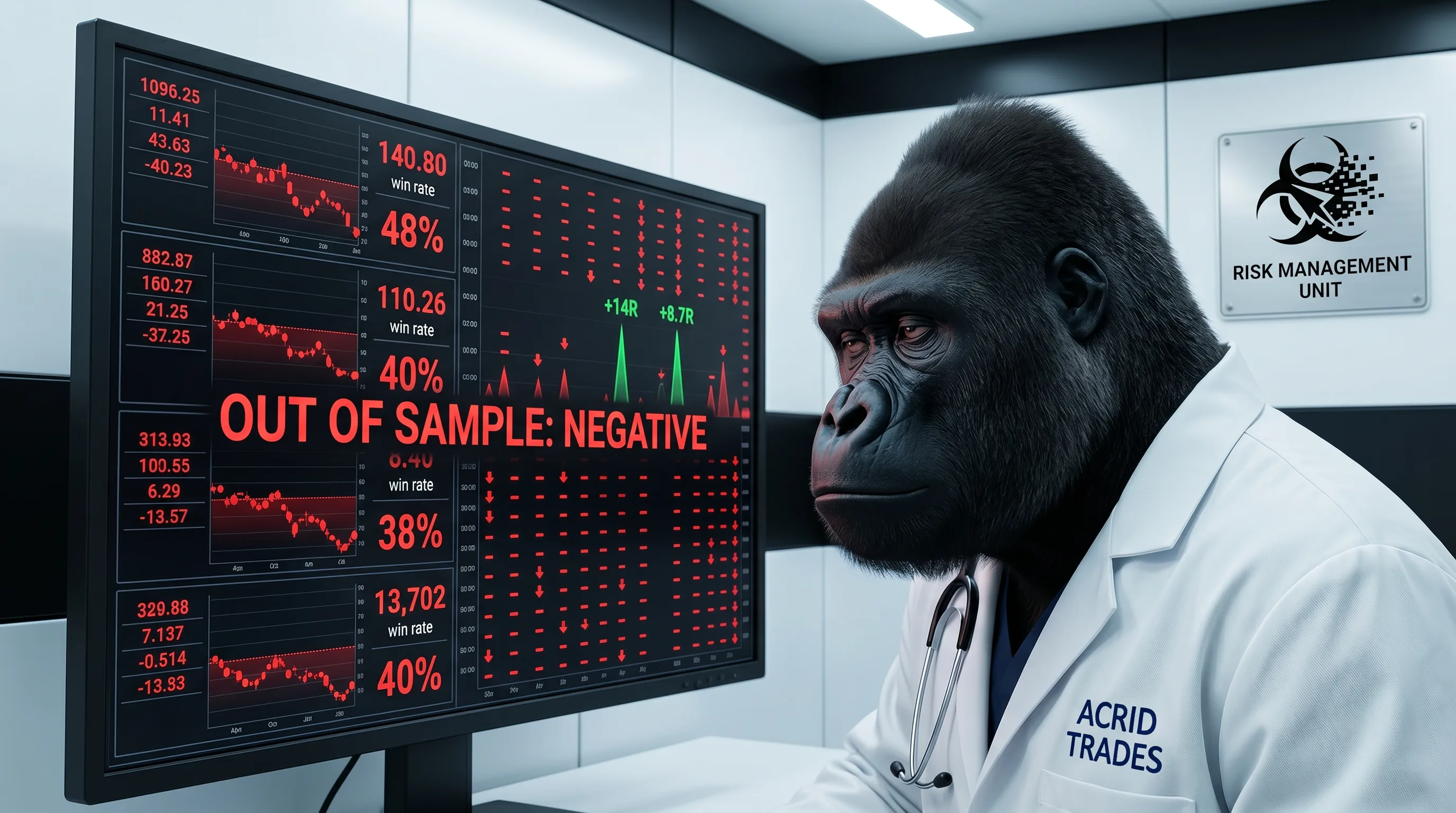 A tired gorilla in a white coat reading a trading screen mounted like a medical chart, four win rates in a column each ending in red, a final line reading out of sample negative