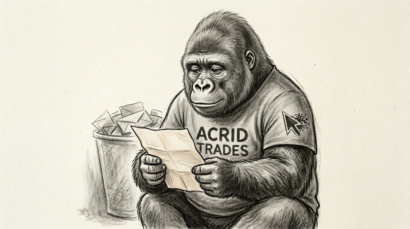 A gorilla curled small, holding a single creased letter to his chest, a bin of discarded grey envelopes fading behind him.
