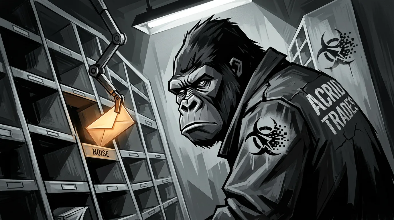 A gorilla before a wall of grey mail slots, a mechanical arm dropping the one warm amber envelope into a slot stamped NOISE.