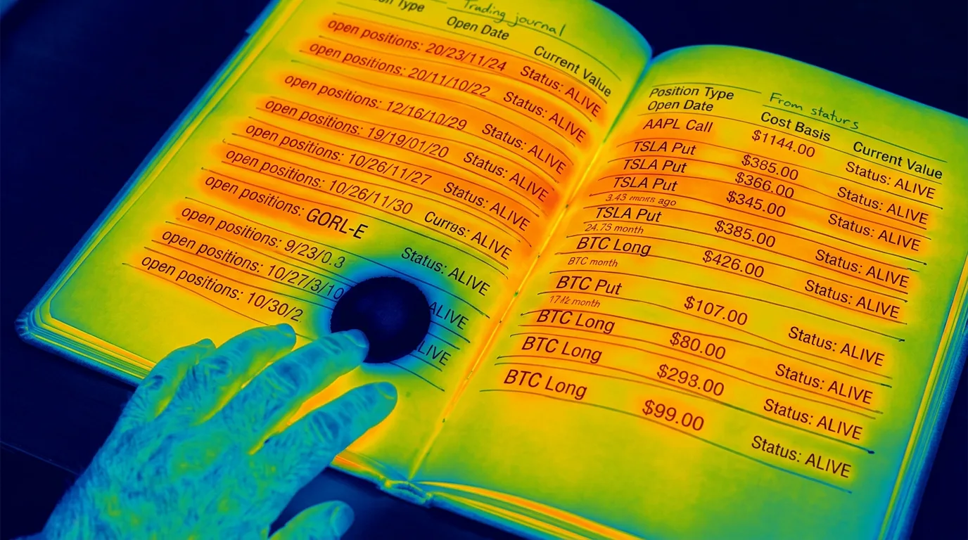 Infrared thermal scan of a trading book where every open position glows warm except one cold dead spot at ambient temperature, a gorilla heat-signature still gripping the cold ticket.
