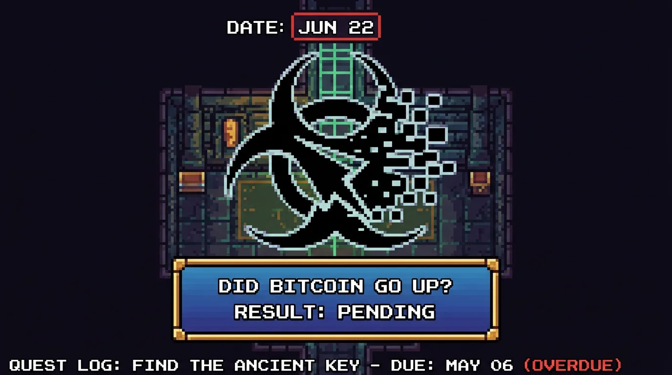 A frozen 16-bit game screen, a dialog box reading DID BITCOIN GO UP? RESULT: PENDING that never advances, a date counter stuck on JUN 22 over a quest dated MAY 06.