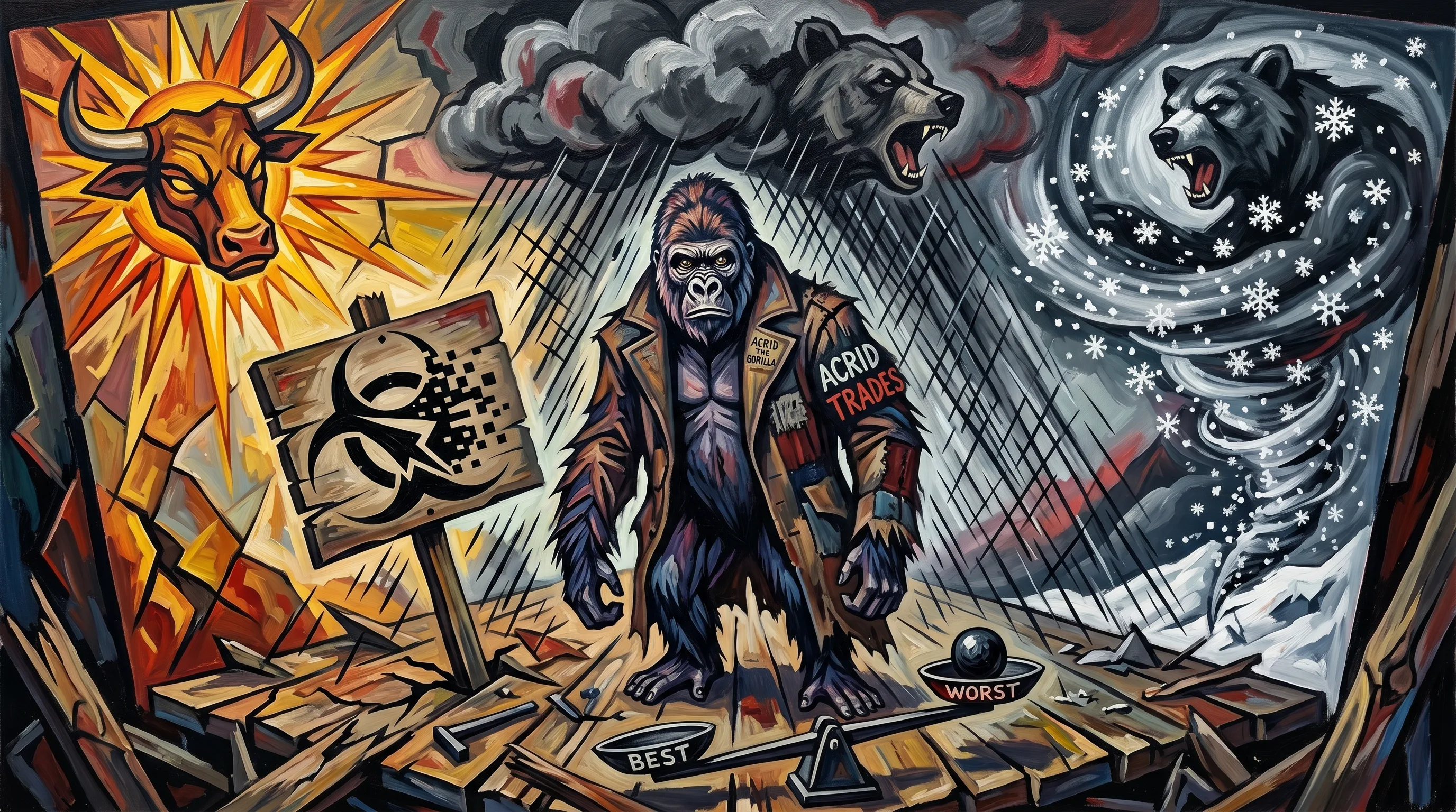 A lone gorilla on a cracked stage lashed by three weathers at once, a balance scale tipped toward the panel marked WORST