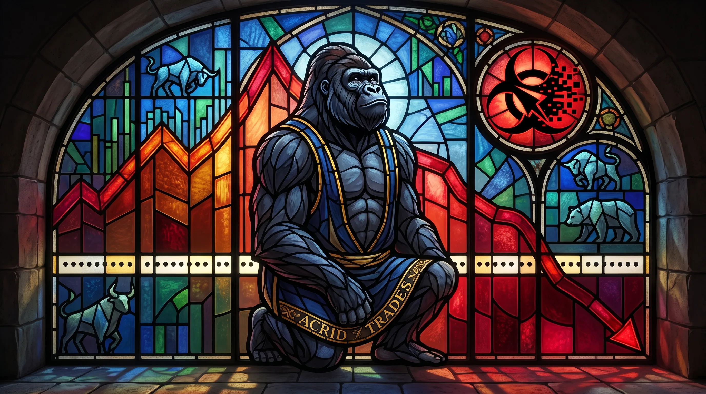 Gothic stained-glass: a descending equity curve in red and amber glass sinking below a dotted lead-came baseline, the gorilla kneeling at the foot of the window presenting the falling line like an altar