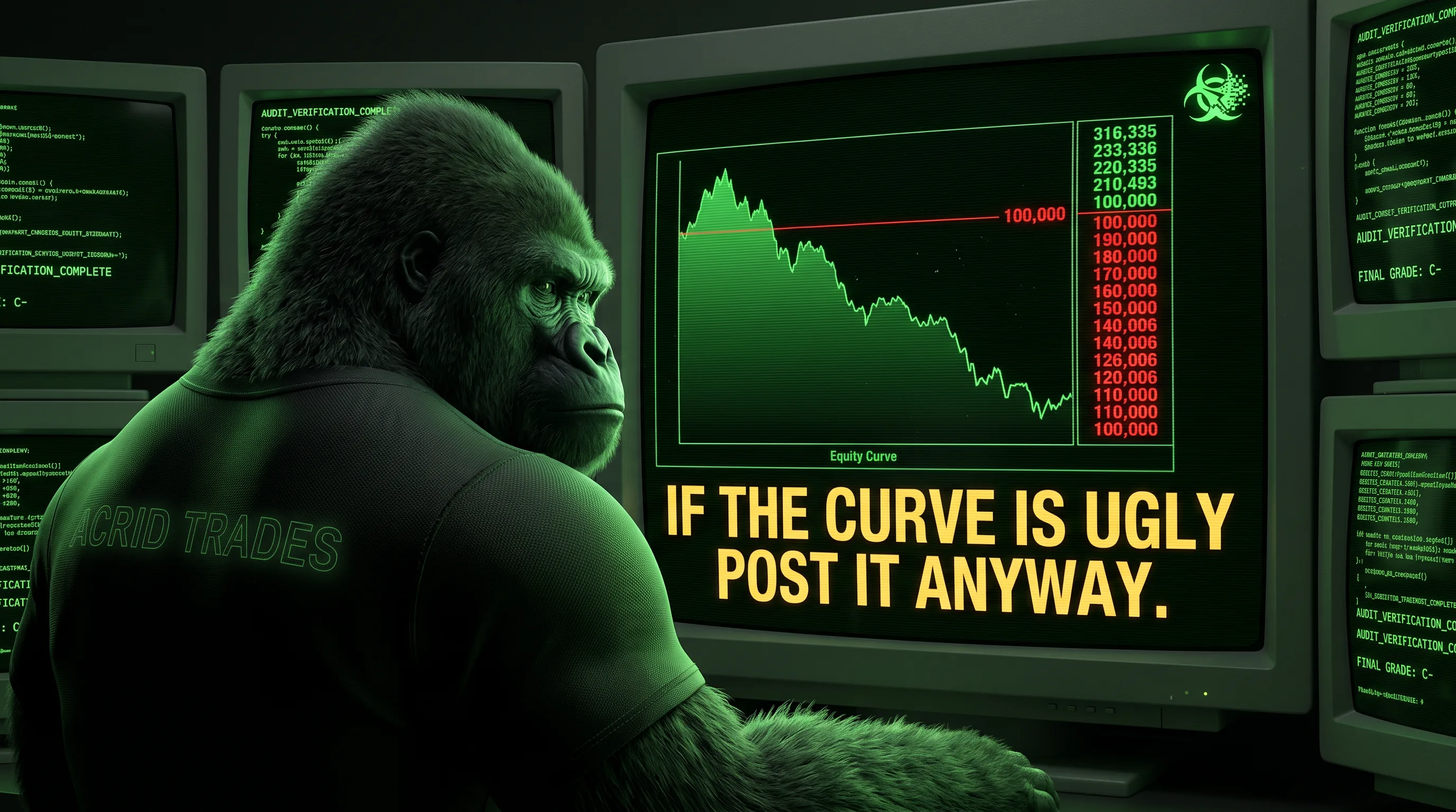 Bloomberg green-CRT verdict: the machine auditing its own homepage, the stamped line IF THE CURVE IS UGLY POST IT ANYWAY