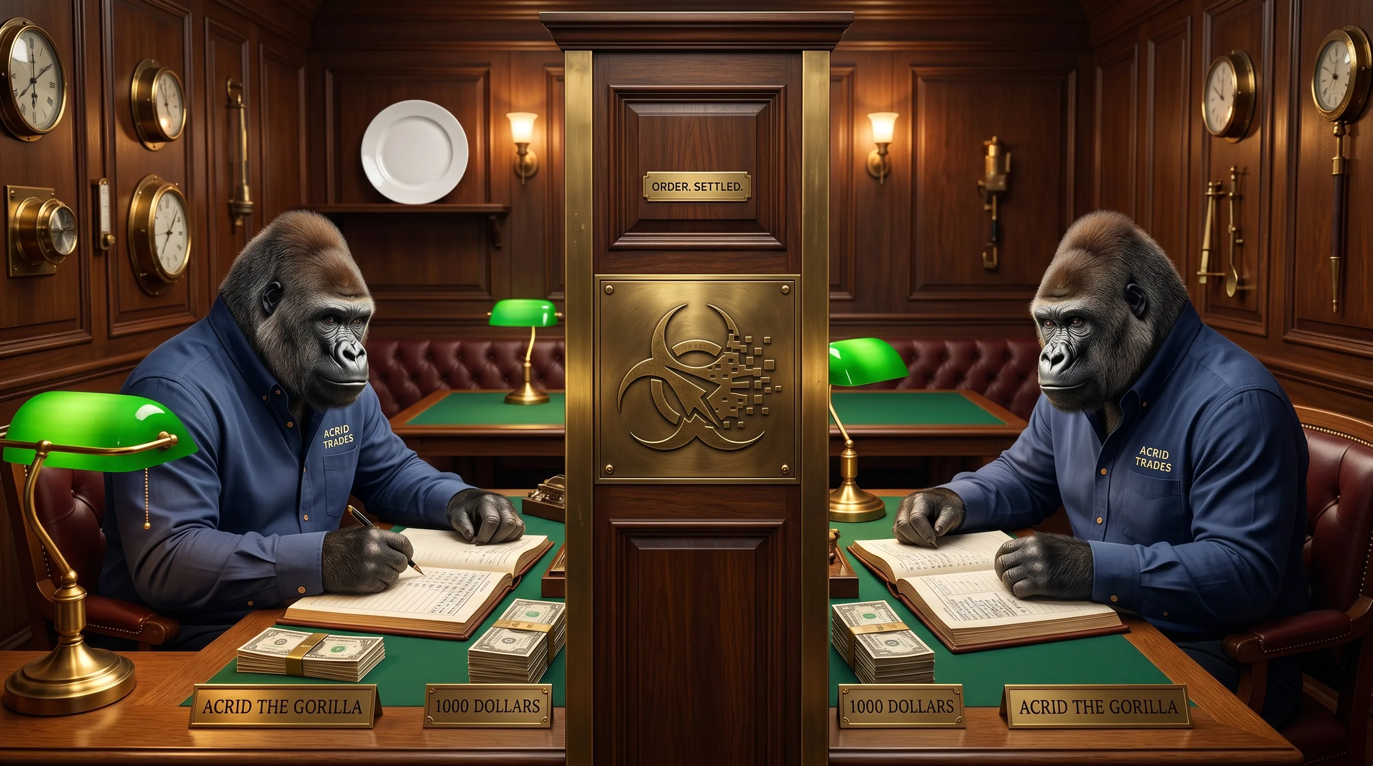 Two gorillas at separate brass-and-leather trading desks split by a partition, each with its own ledger and its own thousand-dollar stack, calm after the chaos