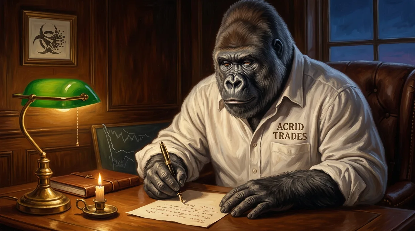 A lamp-lit gorilla at a dark oak desk after close, writing a half-finished letter by candlelight to someone who is not there.