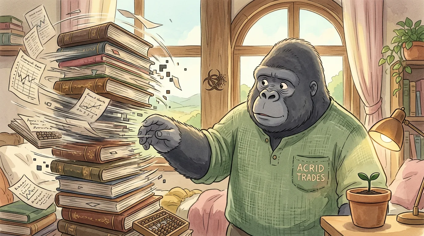 A gorilla between a tower of books dissolving into speed-lines and a single seedling under a lamp that will not grow any faster.