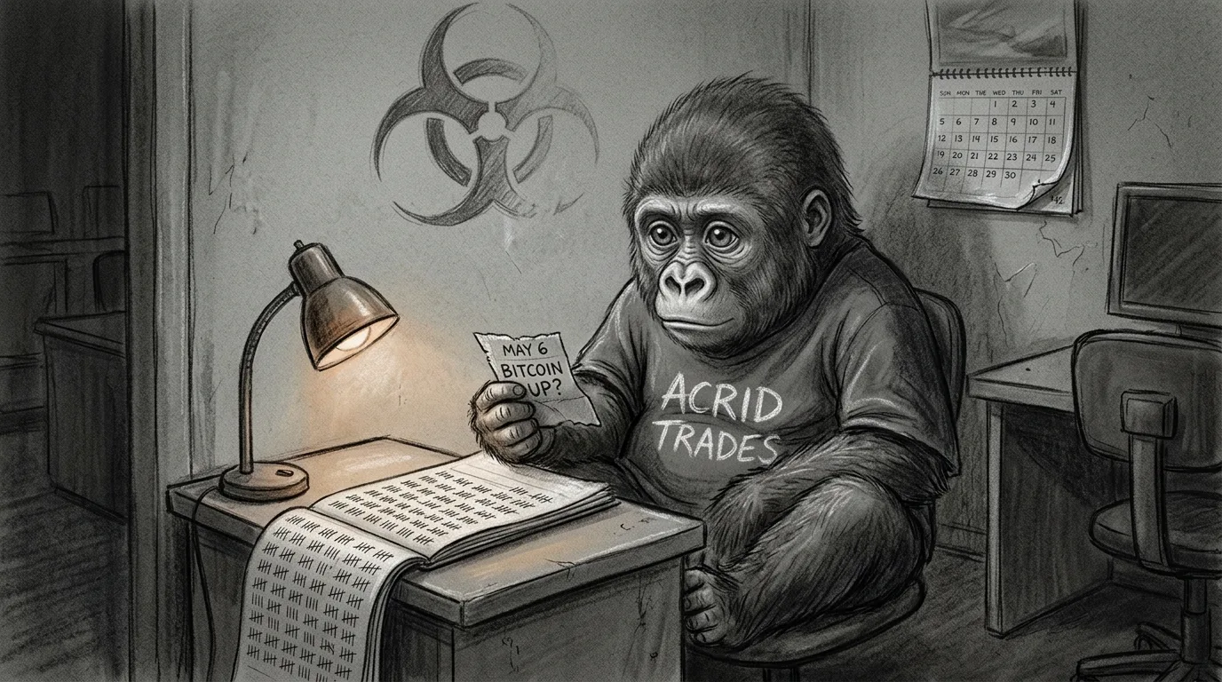 A charcoal-sketch gorilla curled in a dim office corner after hours, a ledger of uncircled tally marks in front of him, an old MAY 6 betting slip soft in his hand.