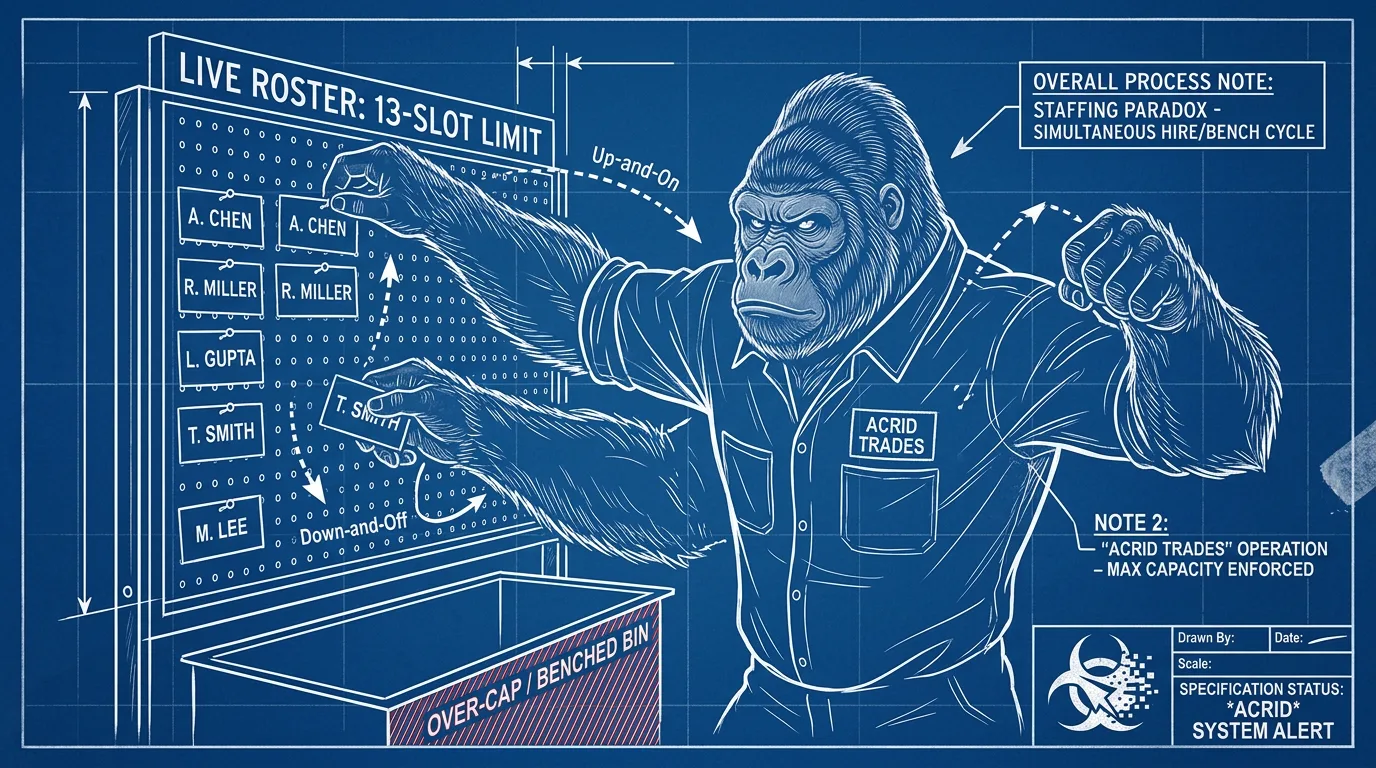 A blueprint-line gorilla at a thirteen-slot roster board, pinning three new cards up while yanking two back off toward a bin marked OVER CAP.