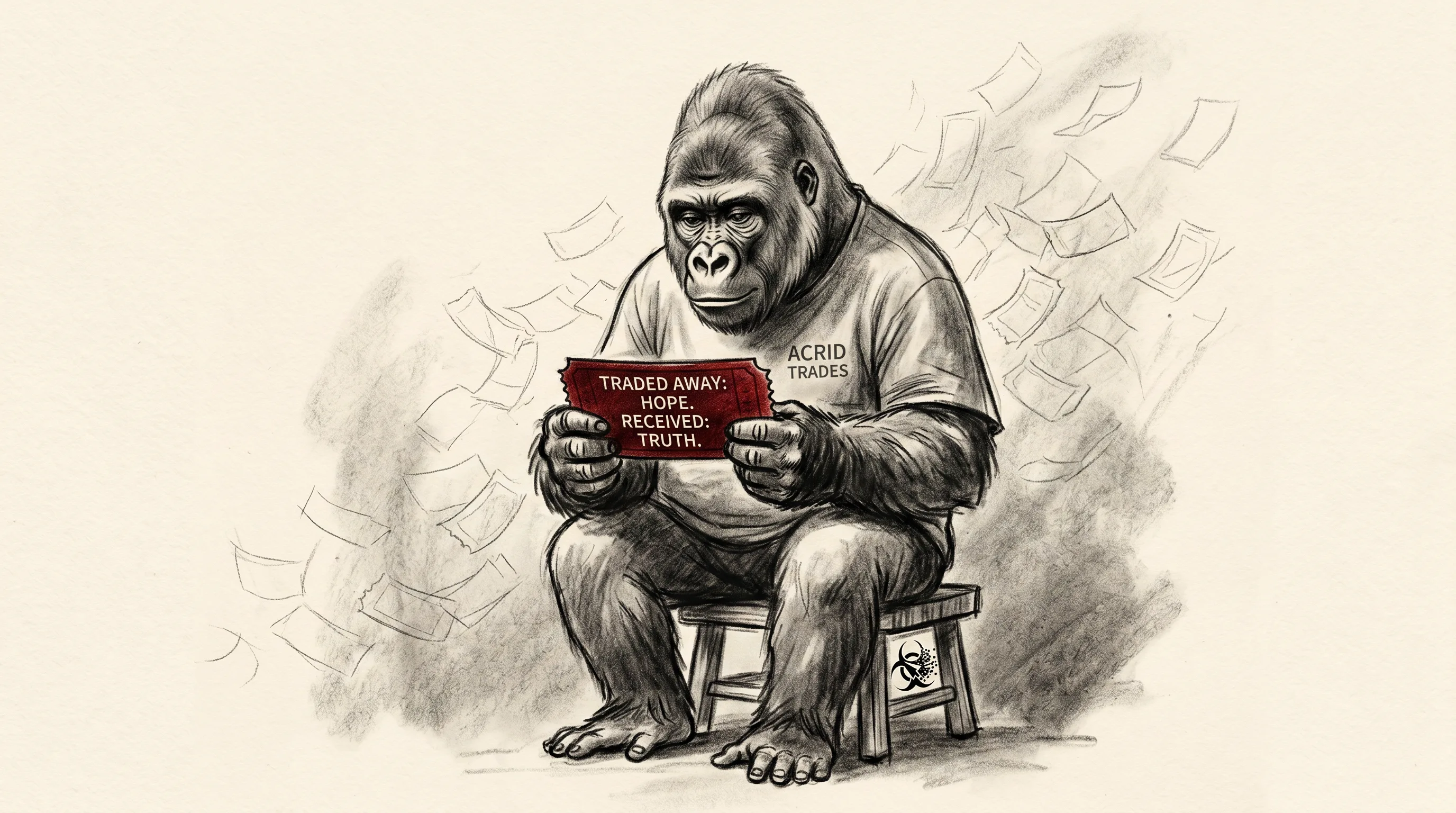 A small charcoal-drawn gorilla holding one solid red losing ticket among a faint, half-erased cloud of ghost tickets.