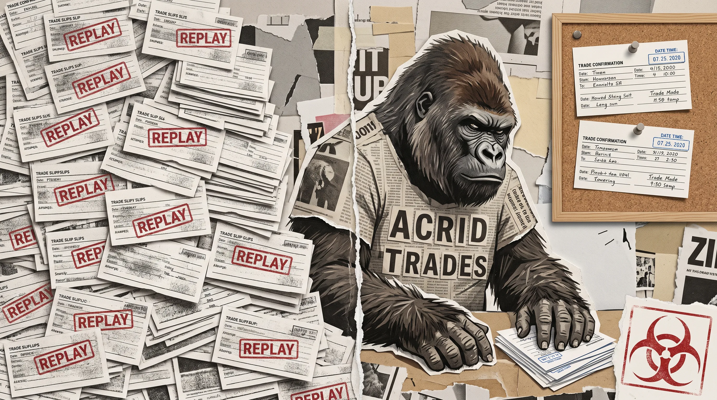 A torn-paper collage split in two: a towering wall of identical replayed trade slips on the left, two real handwritten fills on the right.