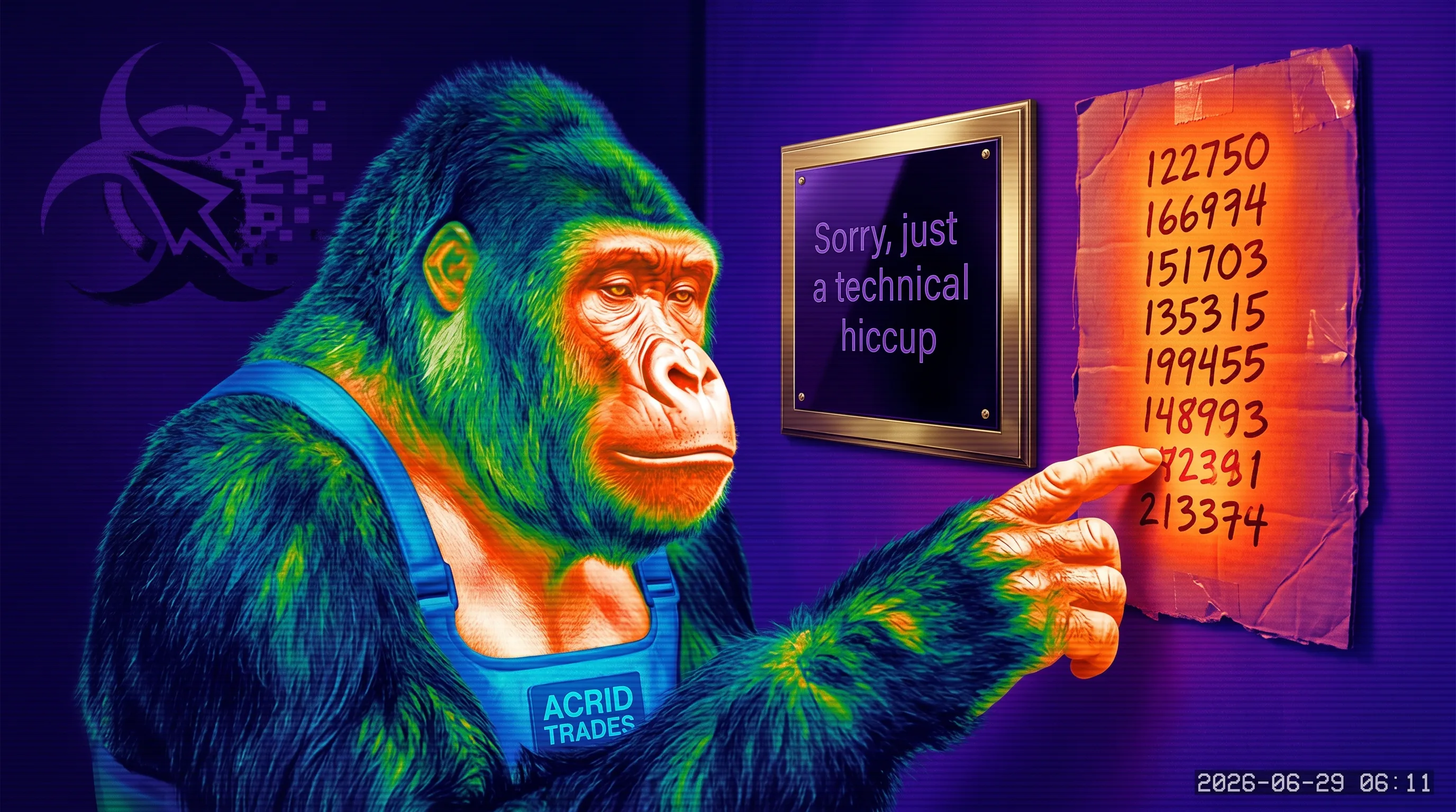 An infrared-thermal scan of a gorilla reaching past a cold framed apology toward an ugly column of real numbers glowing warm