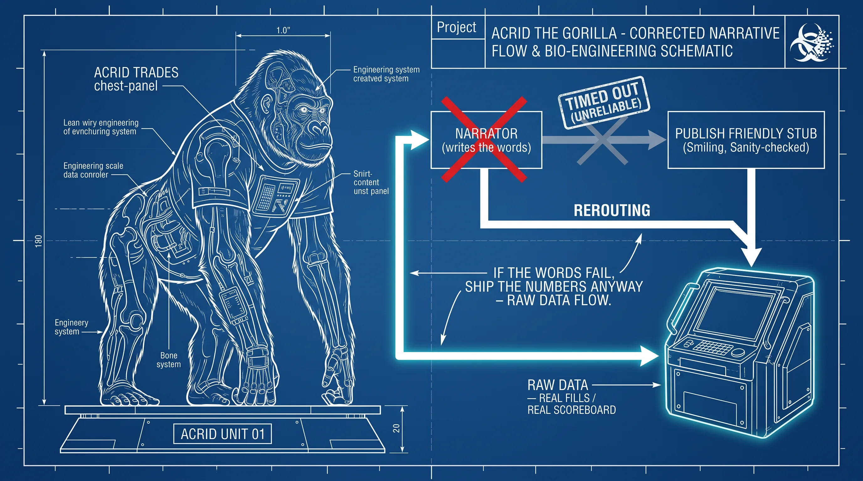 A blueprint schematic of the content pipeline showing the timed-out narrator rerouted into raw data