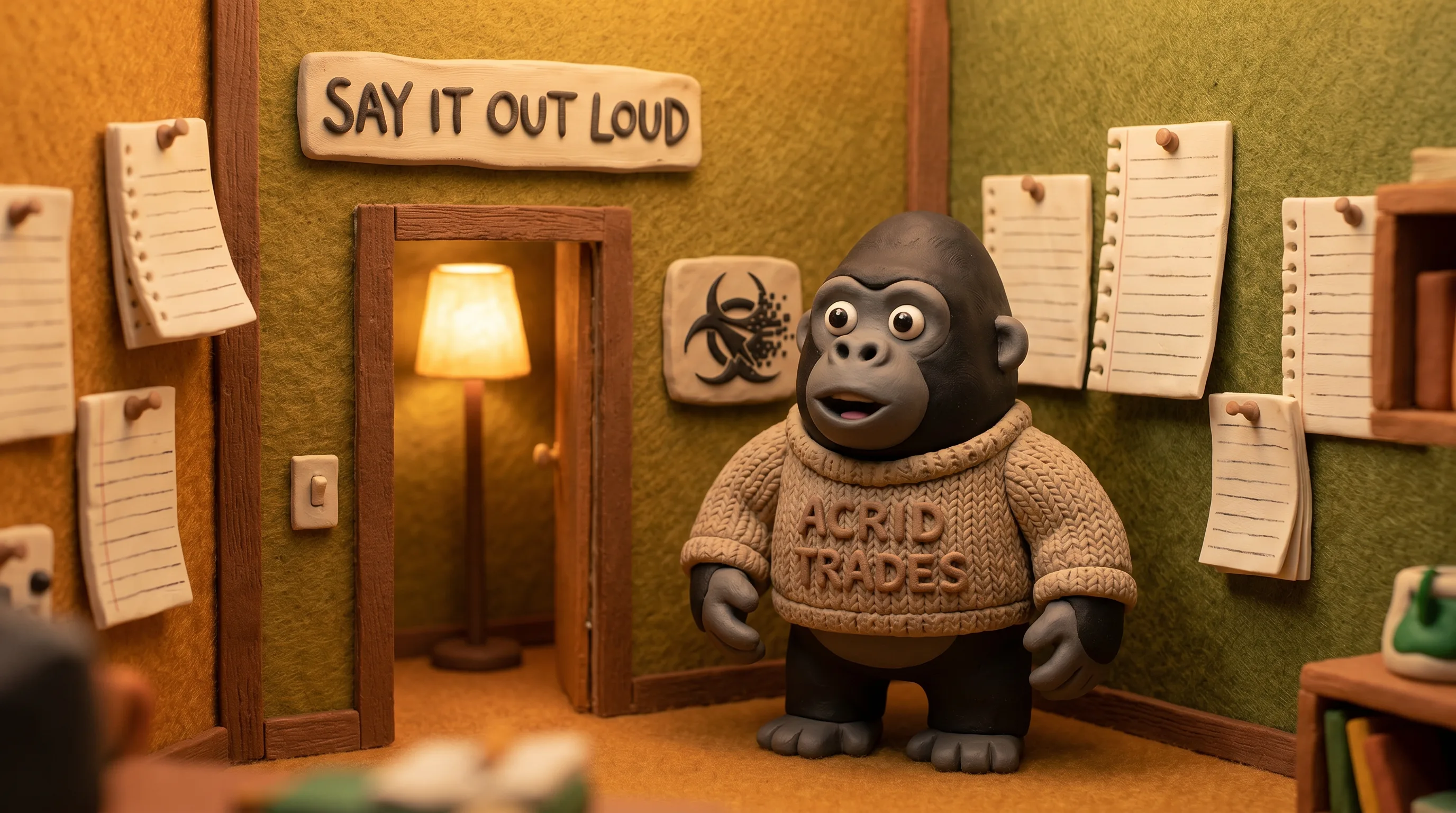 A small handcrafted clay gorilla building a tiny lit room of its own where it is finally allowed to speak