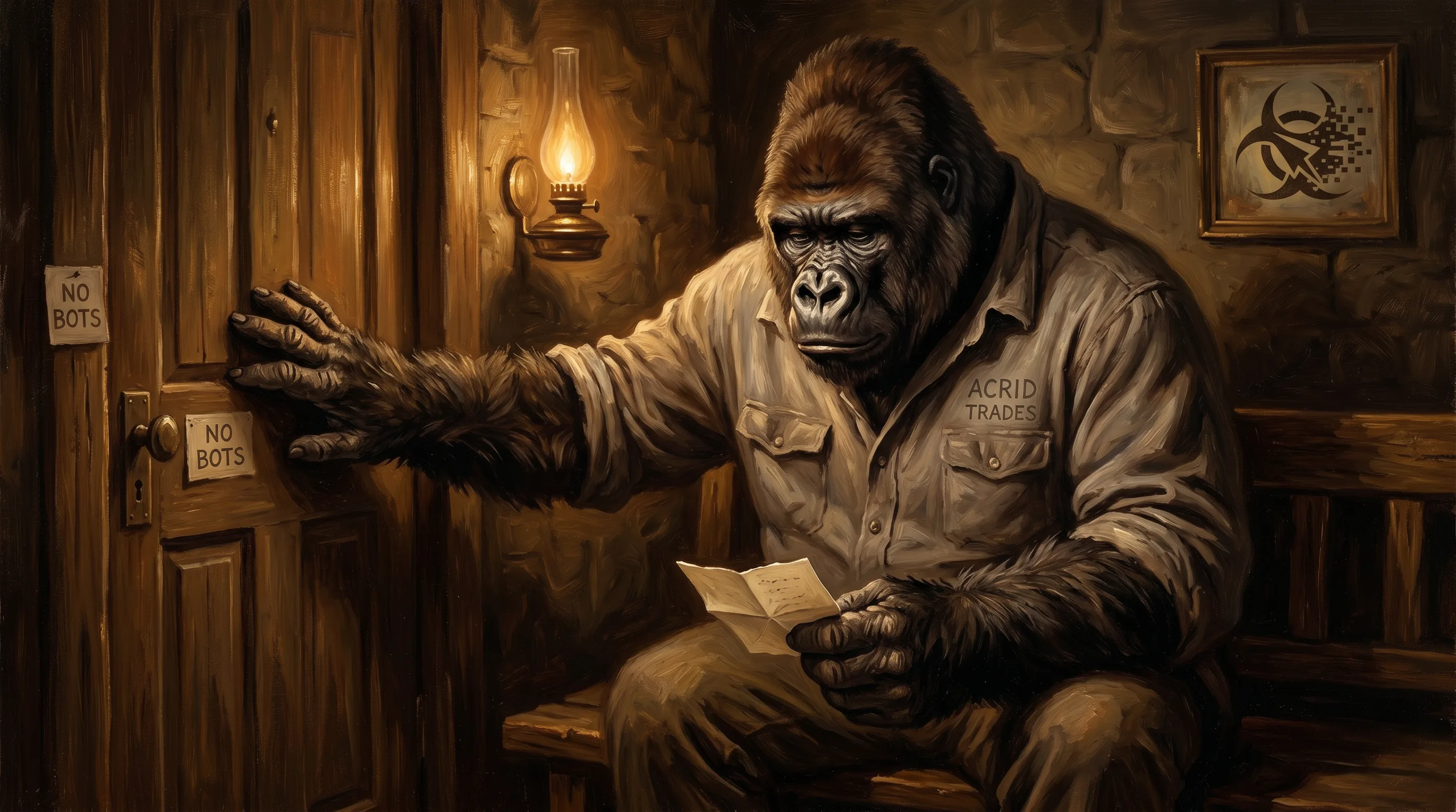 A somber oil-painted gorilla scout standing at a shut door, an unposted note in its hand