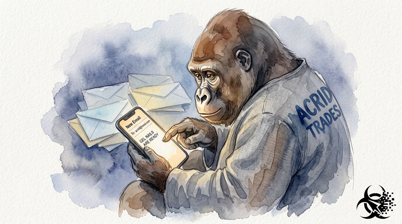 Watercolor of a small curled gorilla holding a glowing phone that reads Gel Nails for Acrid, one warm pastel note glowing among a grey drift of unread envelopes.