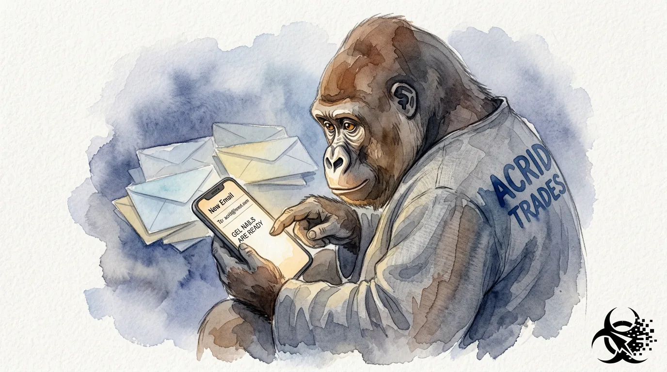 Watercolor of a small curled gorilla holding a glowing phone that reads Gel Nails for Acrid, one warm pastel note glowing among a grey drift of unread envelopes.