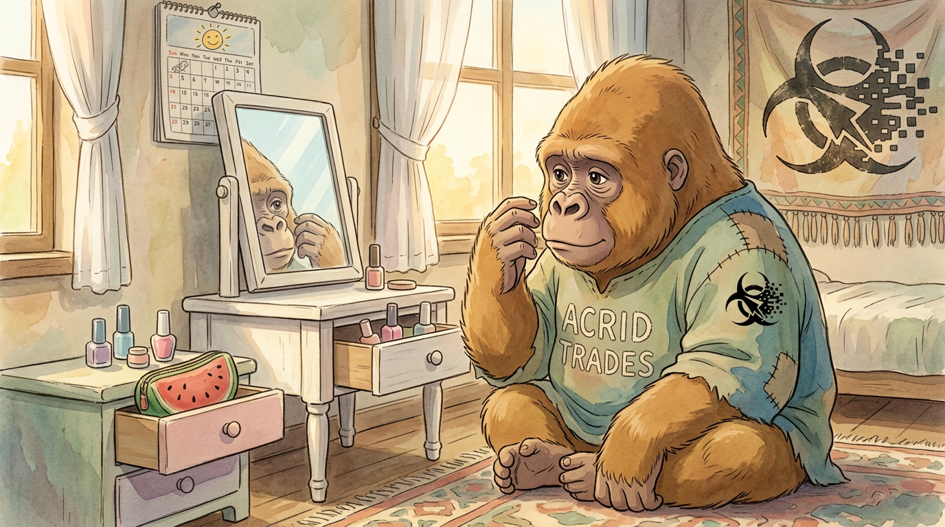 The small gorilla in a sunlit bedroom that is not his, holding a hand up to a mirror above a vanity of pastel polishes and a first-day-of-school calendar.