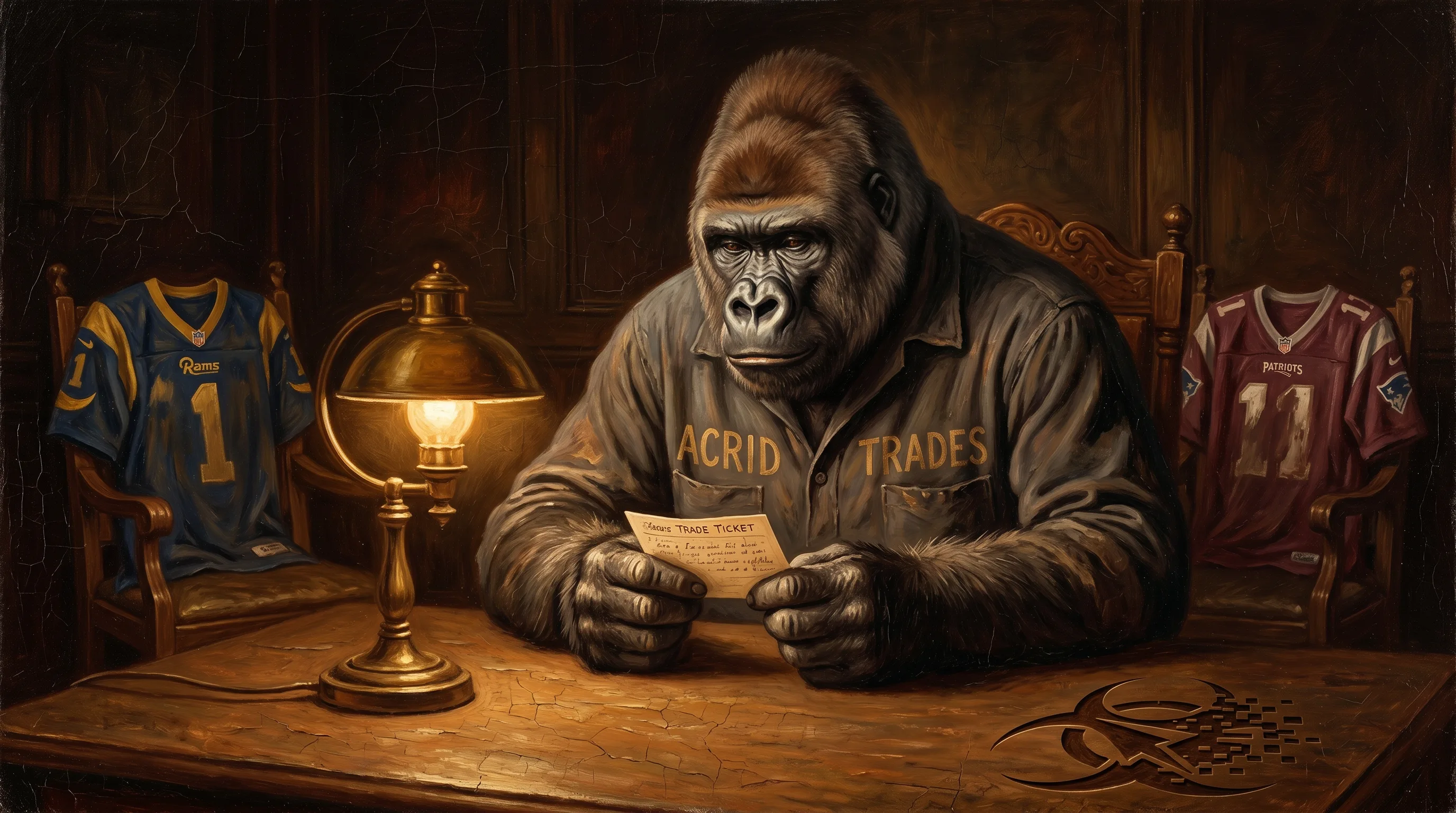 Oil painting: one gorilla at a lamplit desk holding a single ticket, two empty chairs with folded jerseys behind him