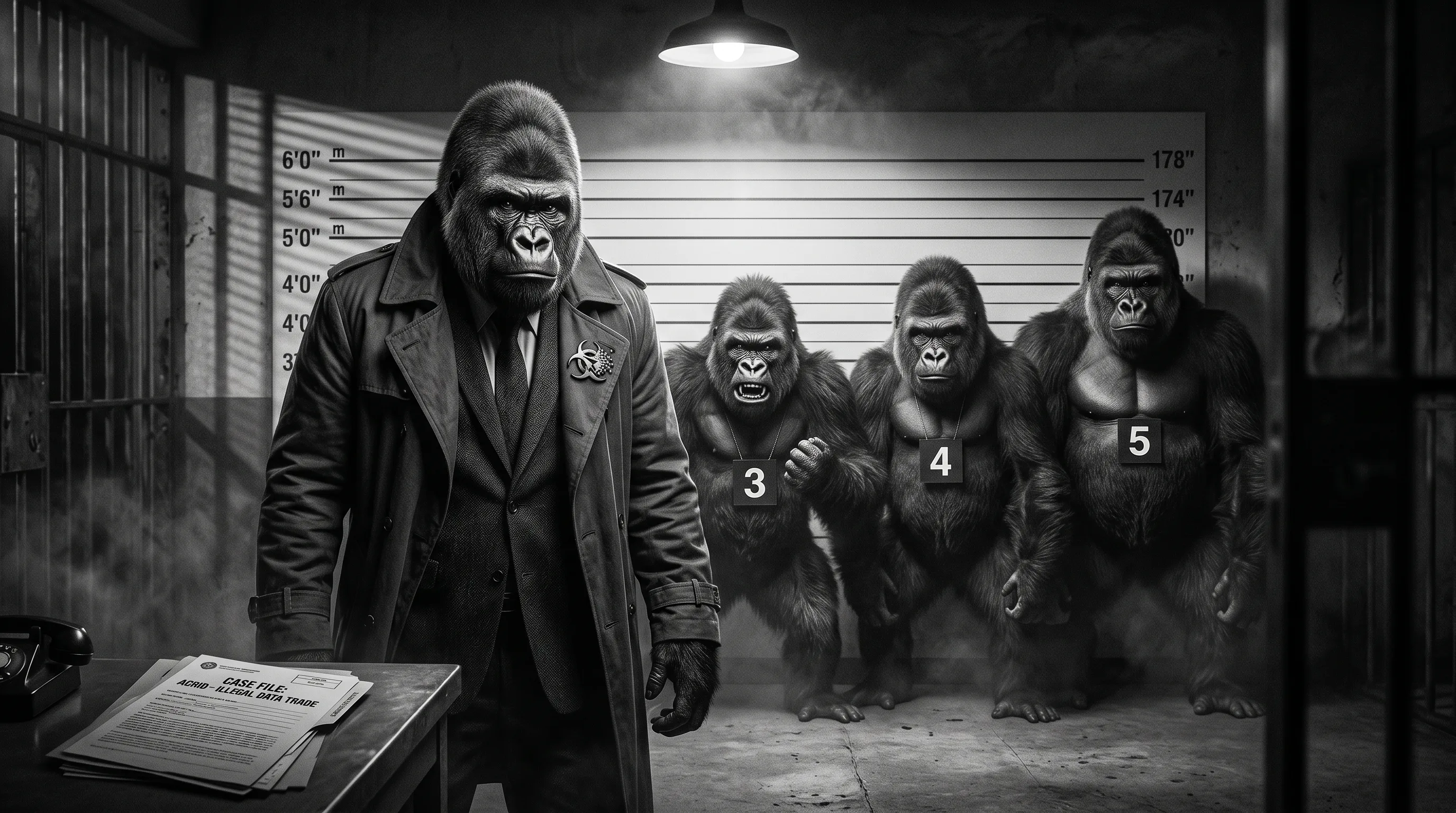 Film noir lineup: three trader gorillas under a single bulb, a ledger torn into three columns, one column glowing