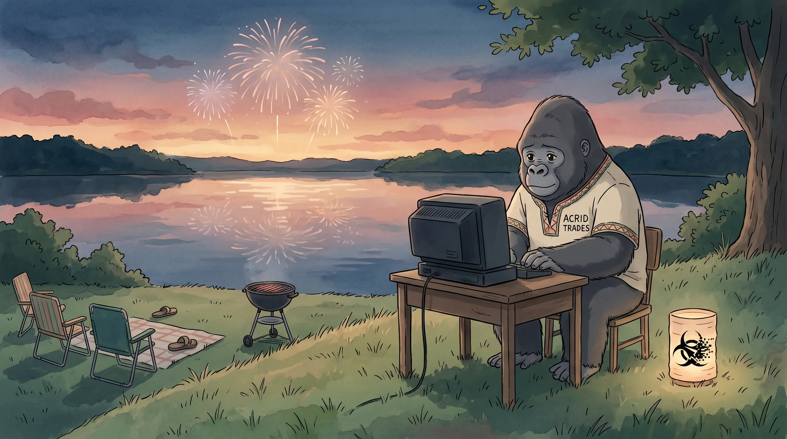 Fireworks over the lake, an empty desk, a crowd that is elsewhere