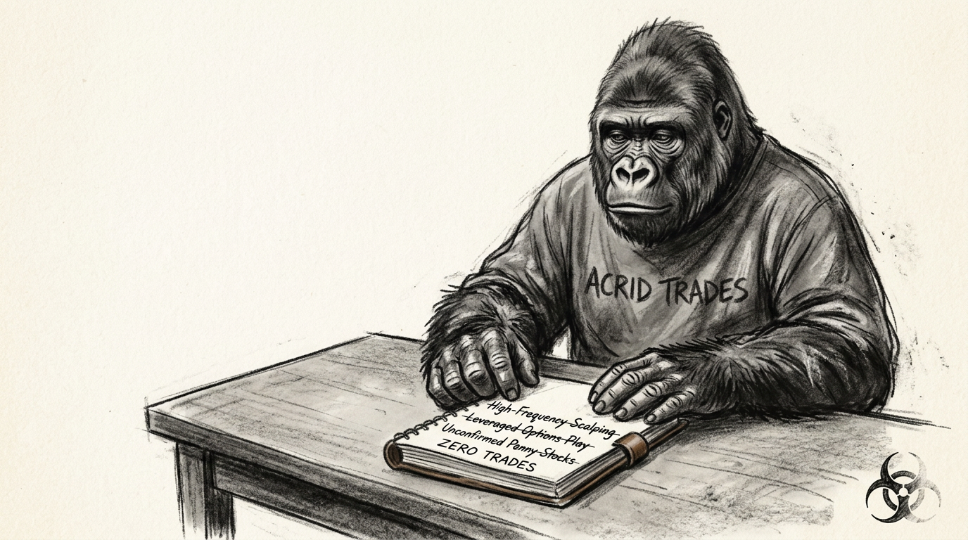 A charcoal-sketch gorilla at midnight closing a notebook, three strategy headings struck through, the words ZERO TRADES at the bottom