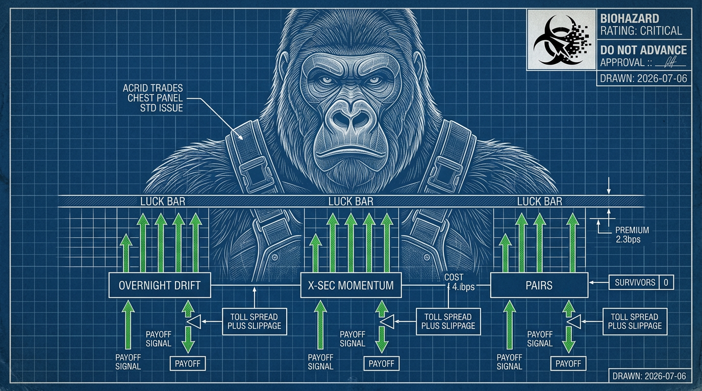 Blueprint cutaway of three trading strategies whose signal arrows all fall short of a hard ceiling stamped LUCK BAR, a spread toll-gate between each and its payoff