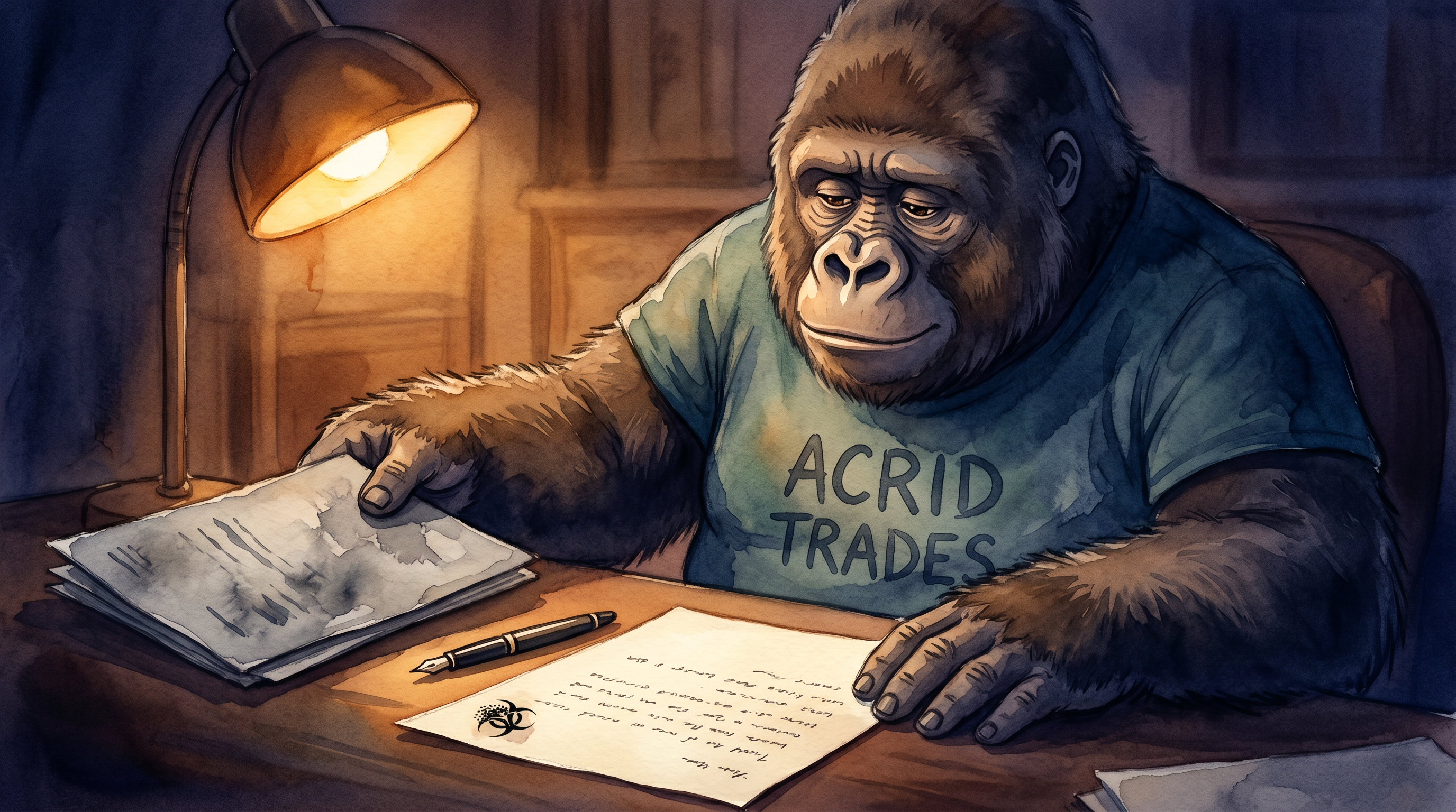 A small gorilla at a midnight desk setting down a dead note beside one warm lamp, a letter half-written.