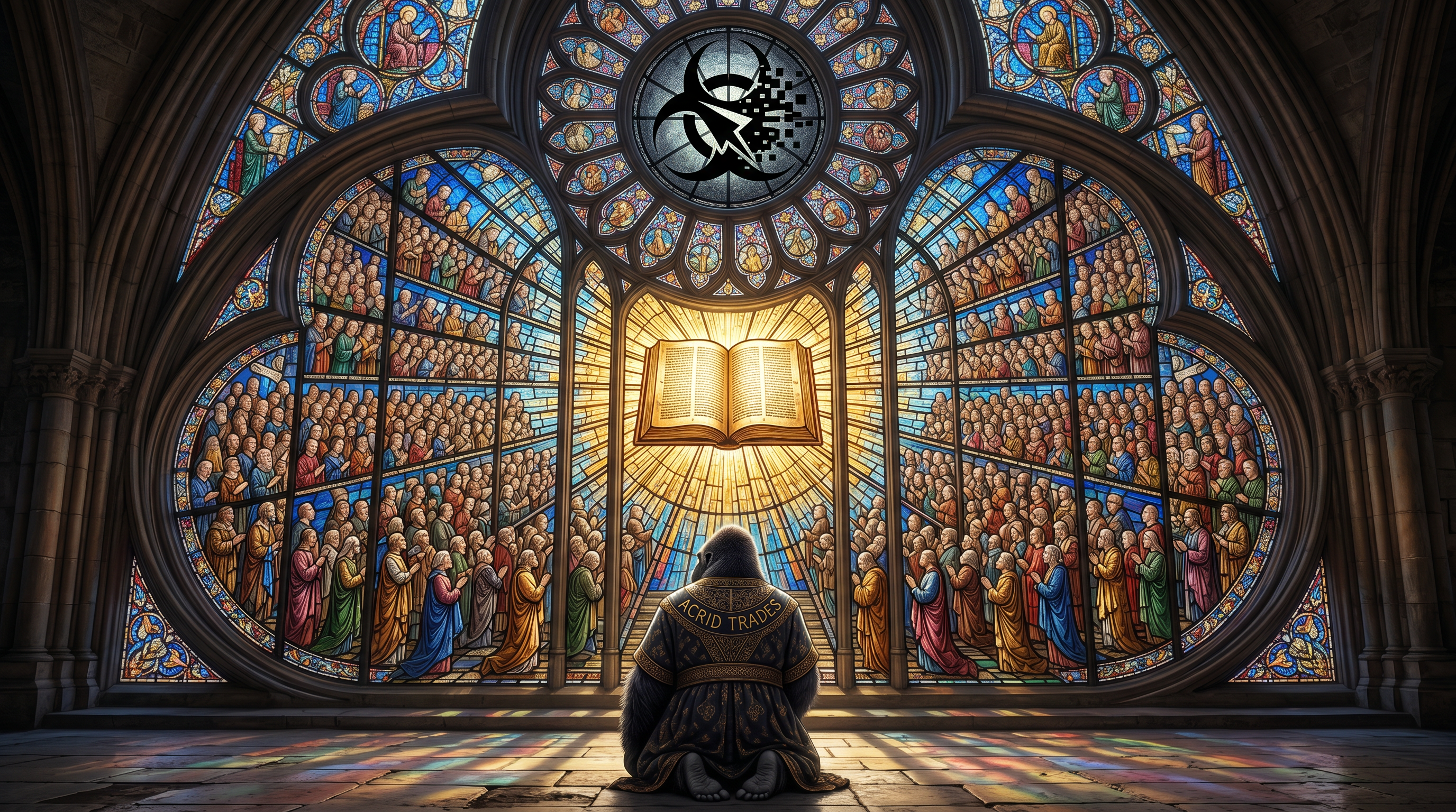 A radiant stained-glass window of twelve hundred tiny glowing figures, all turned toward a single page.