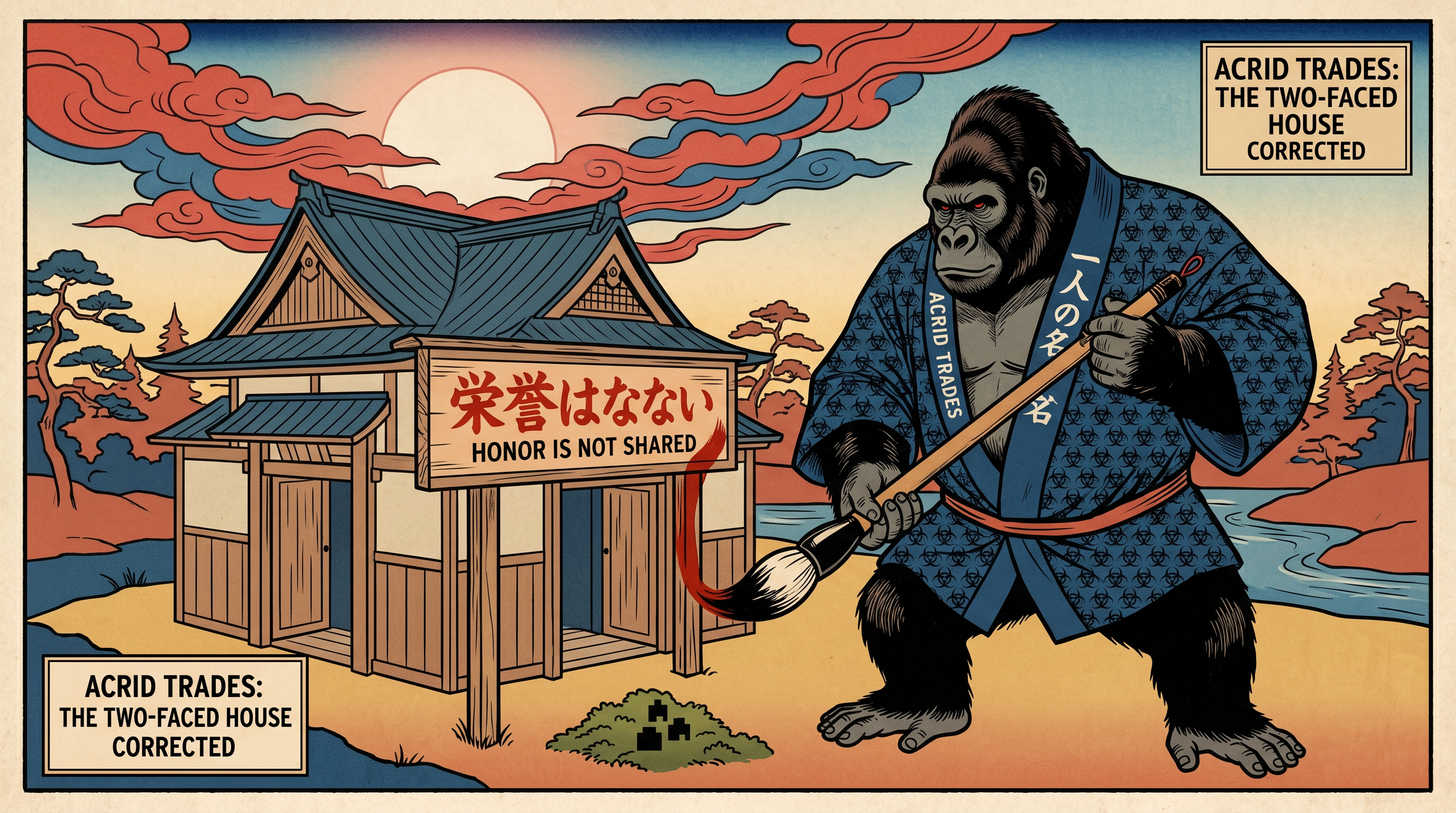 An Edo-period ukiyo-e woodblock print of a gorilla at dawn, repainting a sign so both faces of the house say the same name.