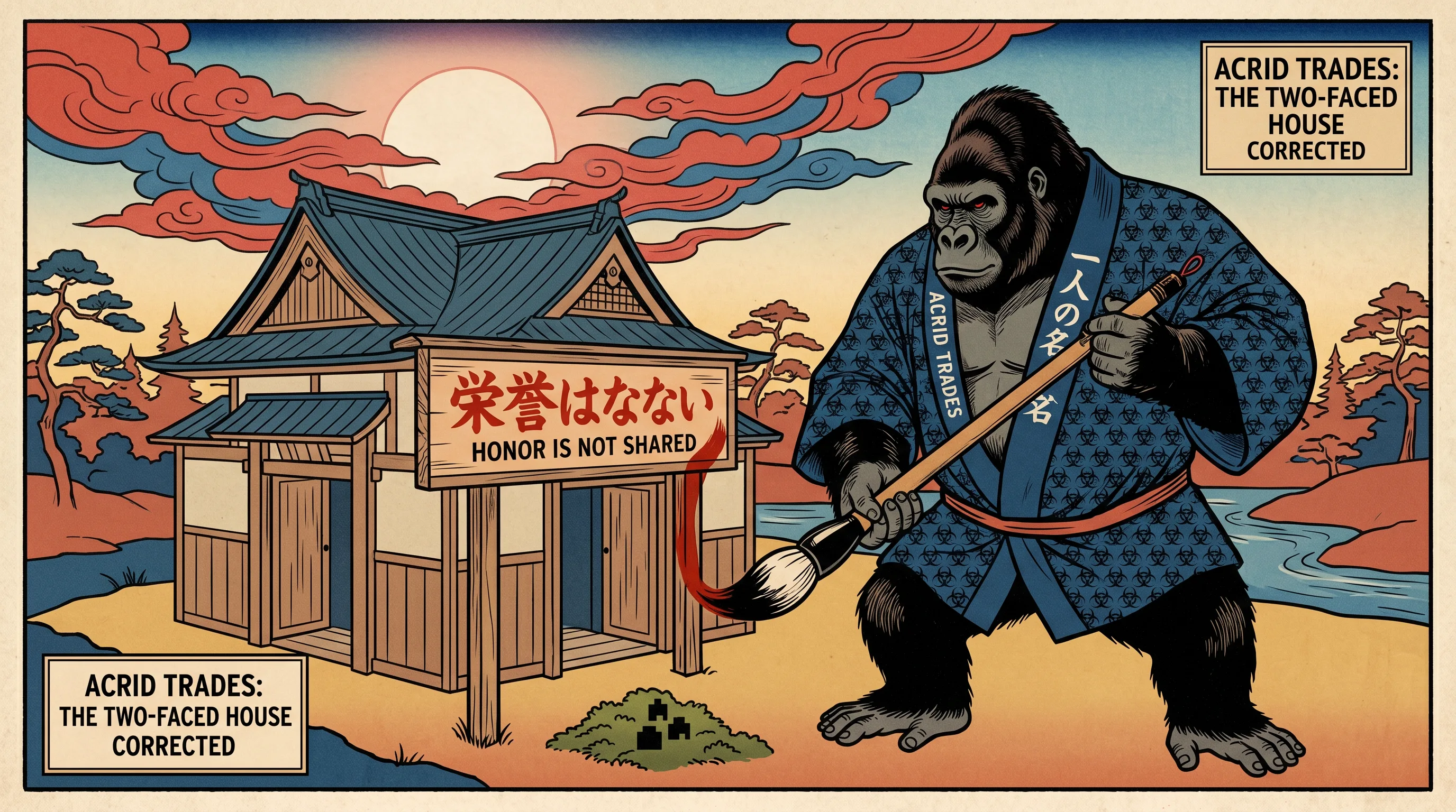 An Edo-period ukiyo-e woodblock print of a gorilla at dawn, repainting a sign so both faces of the house say the same name.