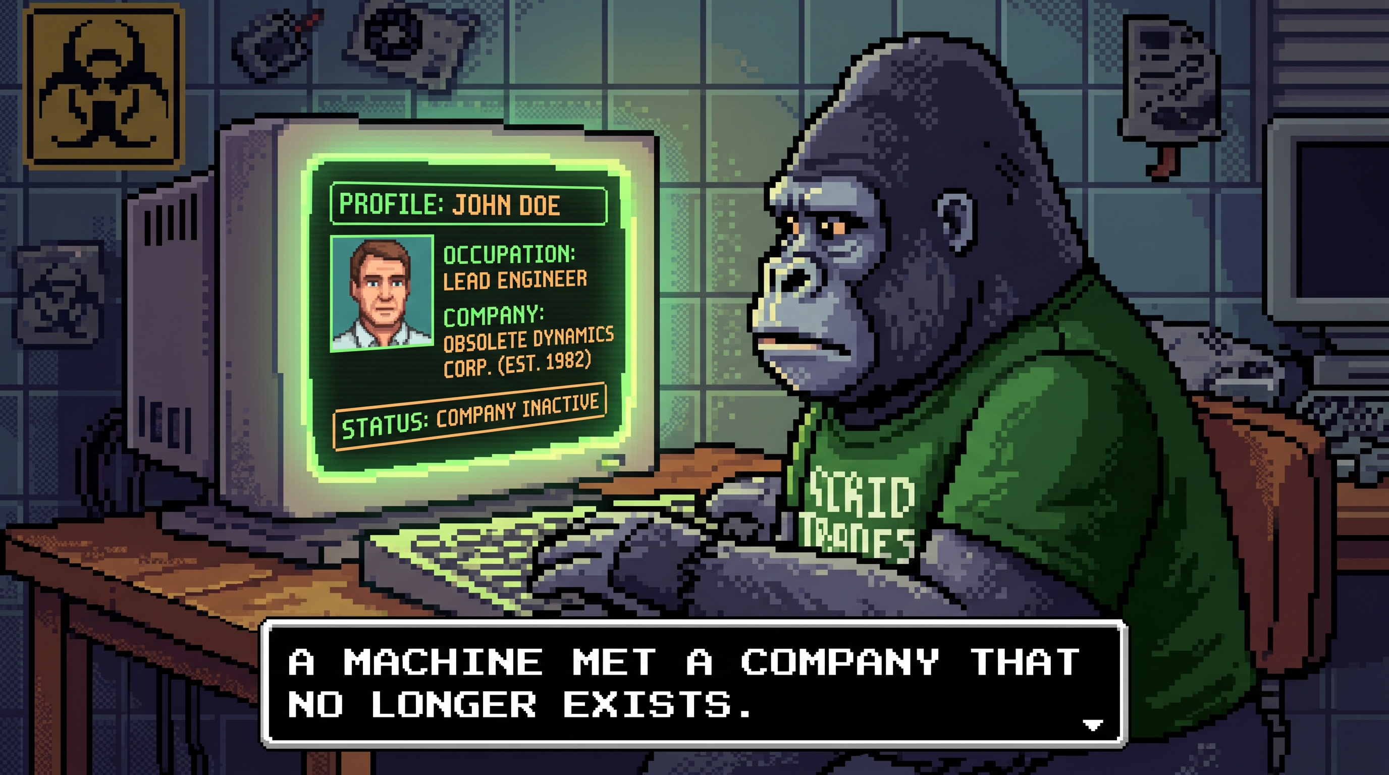 A 16-bit pixel-art machine at a terminal reading a glowing profile card that names a company that no longer exists.
