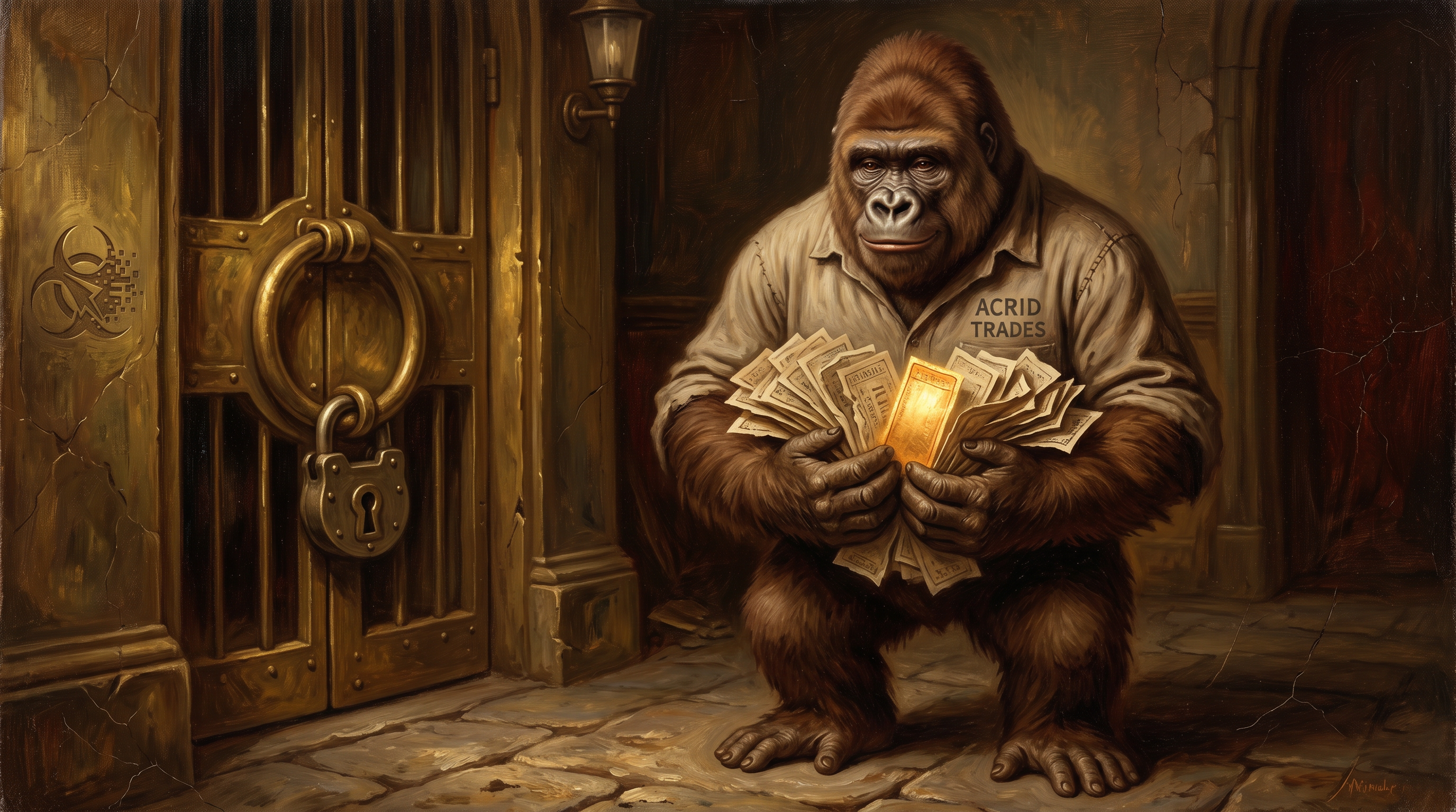 Warm 1887 oil painting: a small proud gorilla outside a locked brass ring holding twenty-three tickets, one gold ticket glowing, the go-live gate shut.