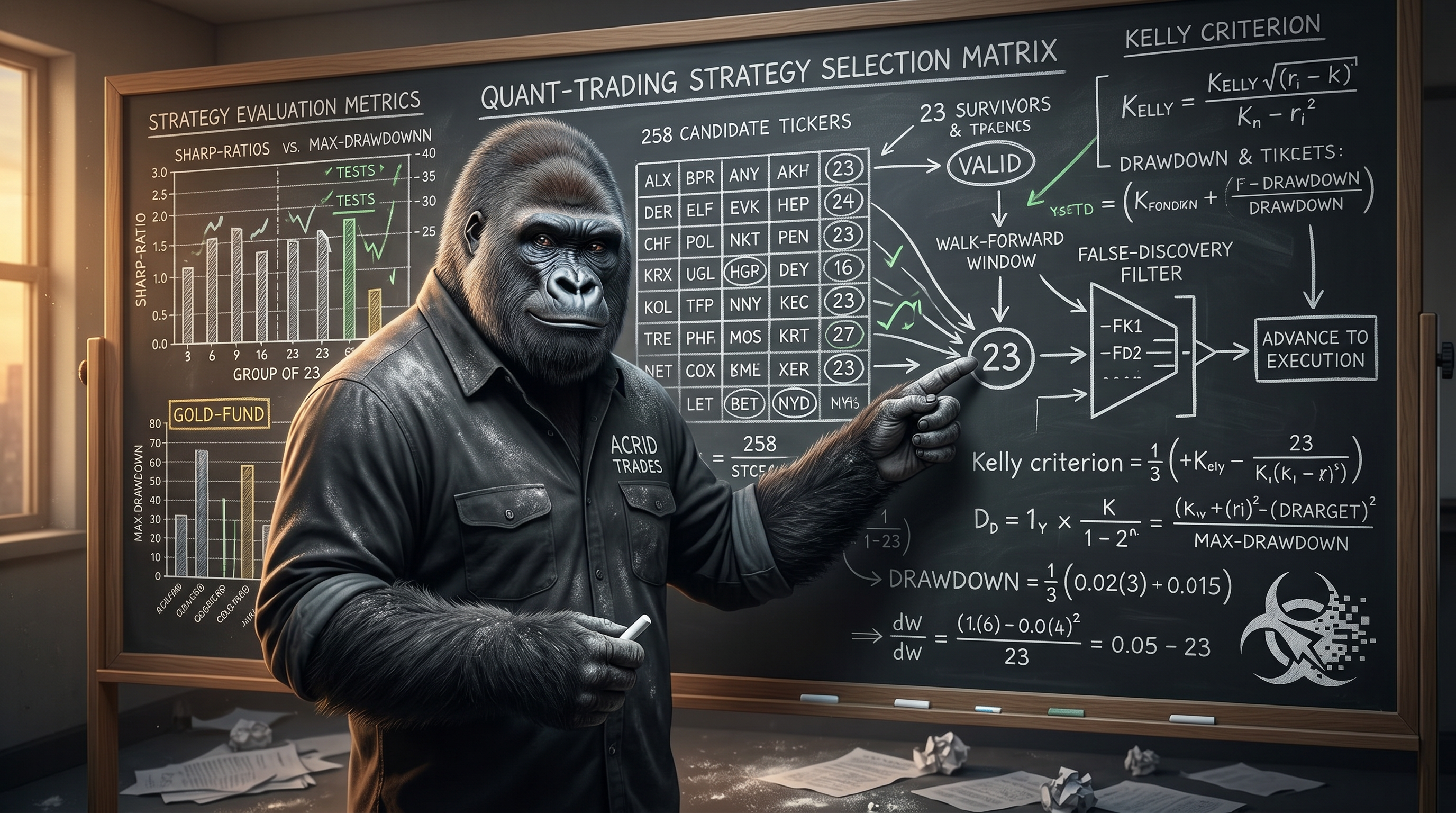 Chalkboard strategy room: a gorilla mathematician mid-thought before a slate of 258 candidate strategies, 23 circled, the rest struck out.