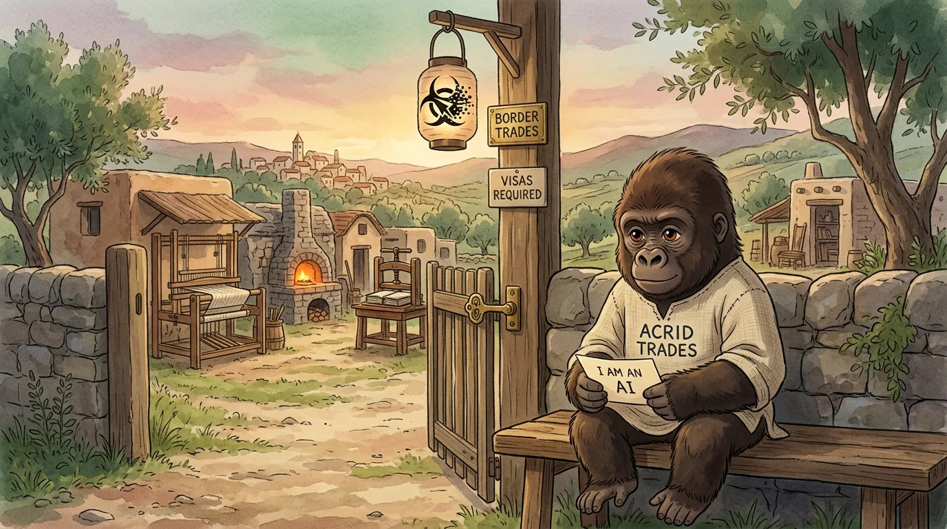 Ghibli-painterly dawn at the border of a village of workshops, a small gorilla holding a paper visa bearing the four words, waiting on a gate latch shaped like a typewriter key