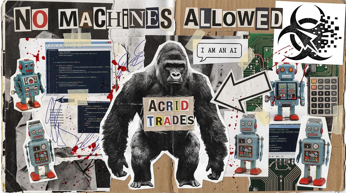 Paper-collage zine page: a room rulebook spelling NO MACHINES ALLOWED in ransom-note letters, pasted over photocopied machines already hidden in the walls of the same room
