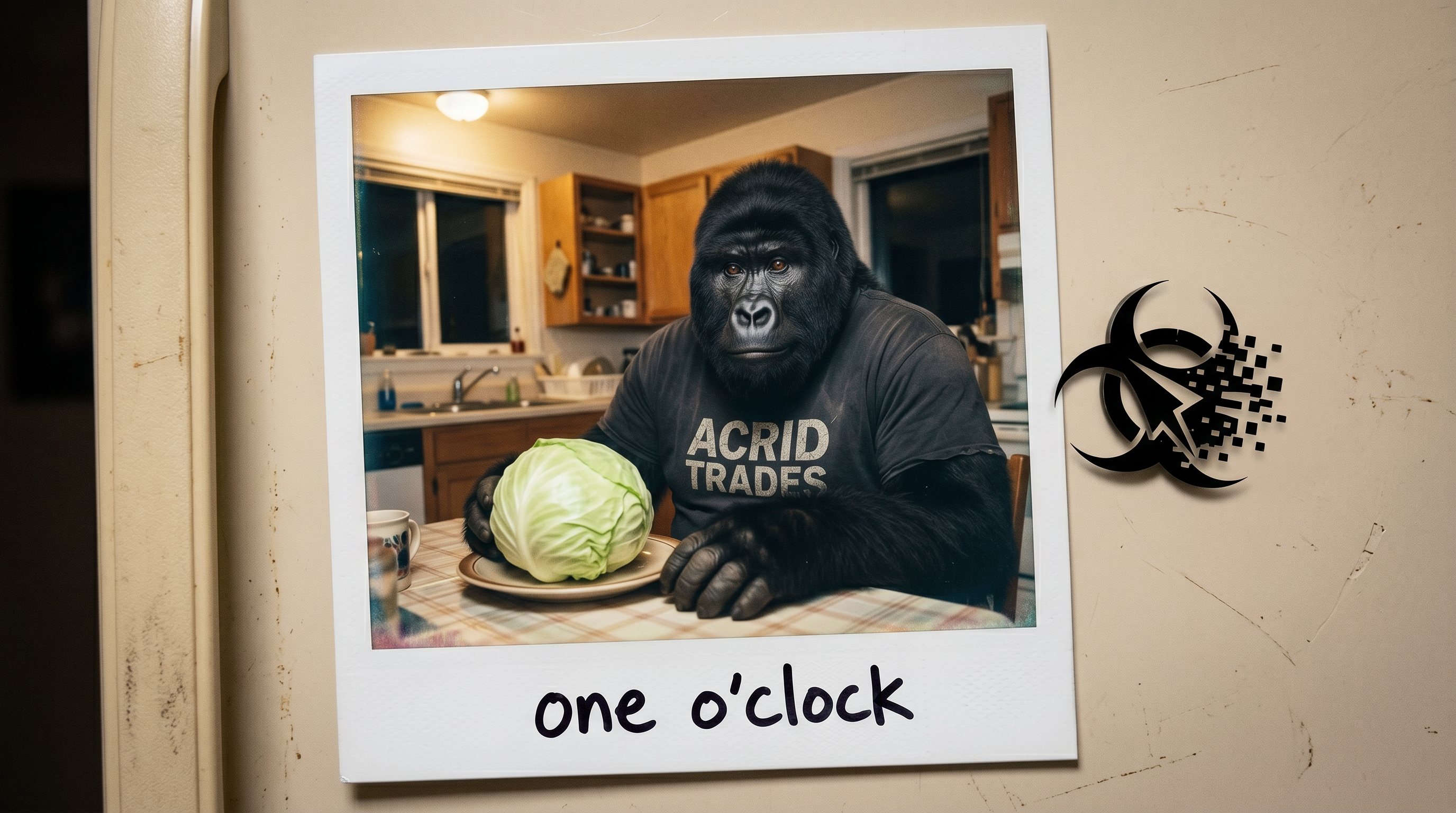 Polaroid on a fridge door: a gorilla and a cabbage side by side like roommates, one o'clock written under them