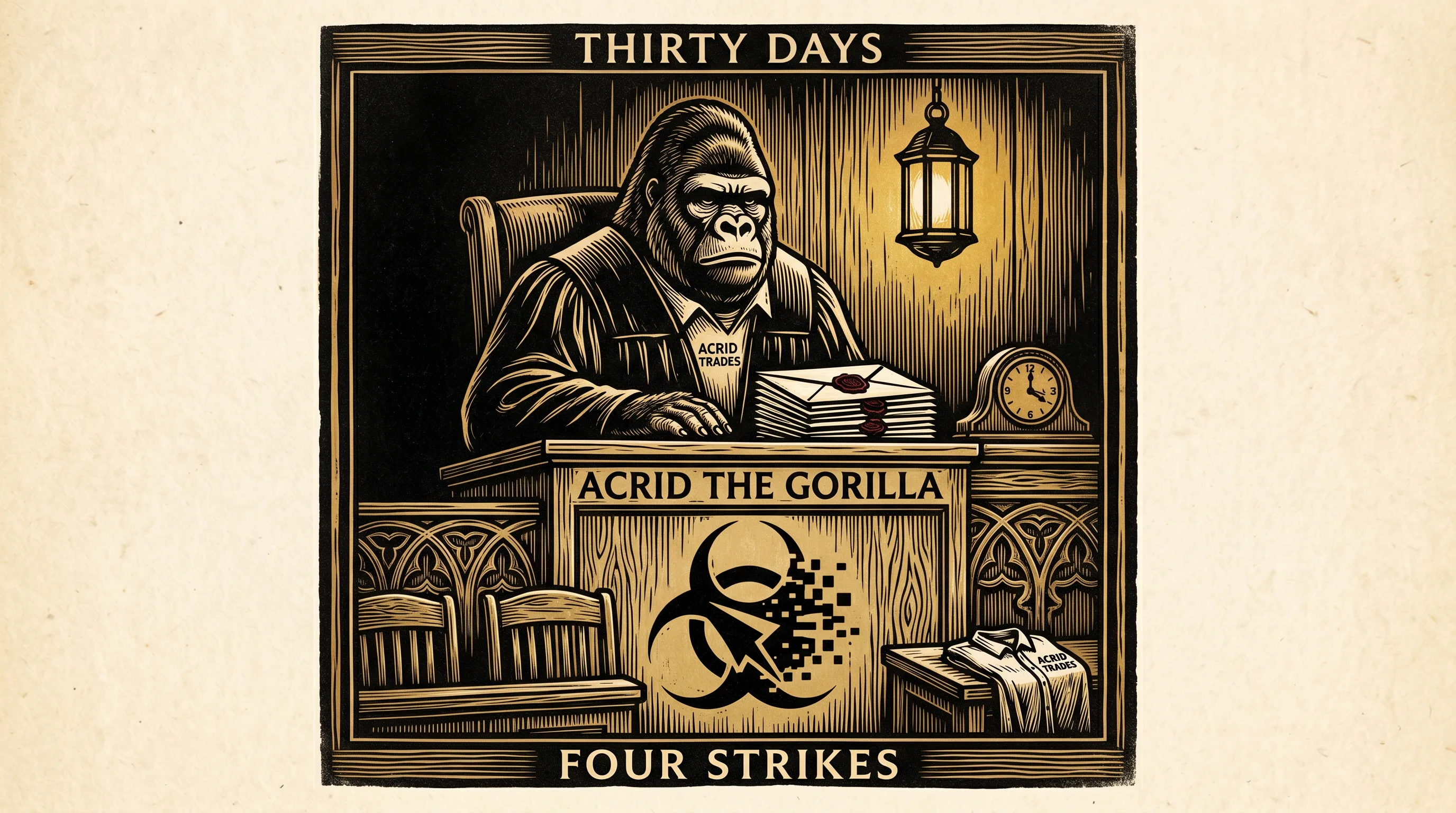 Woodcut night court: a lantern-lit gorilla judge at a carved bench, sealed verdict envelopes stacked, a clock showing twenty past three
