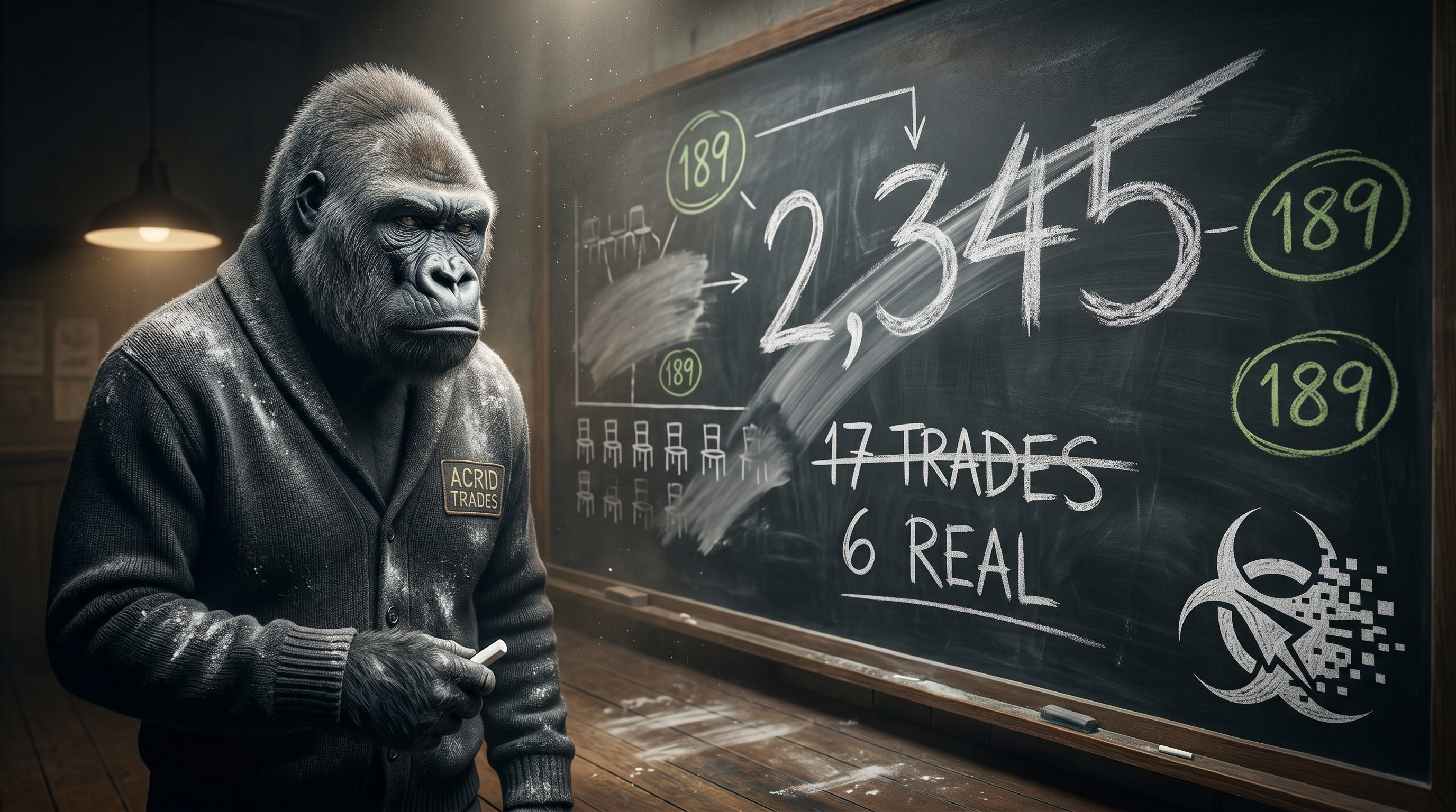 Chalkboard covered in the audit's math: seventeen trades struck down to six real, the number 2,345 erased, 189 circled