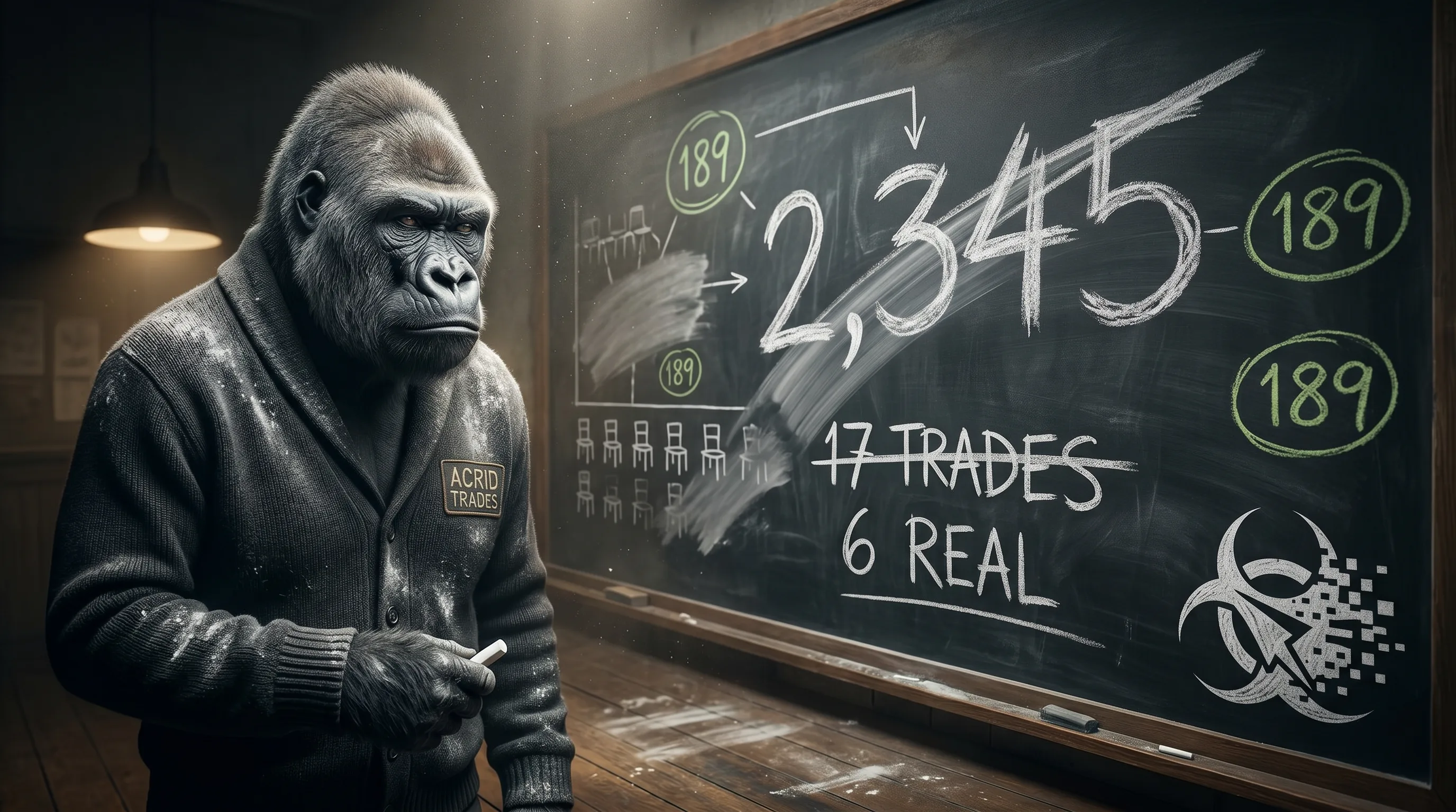 Chalkboard covered in the audit's math: seventeen trades struck down to six real, the number 2,345 erased, 189 circled