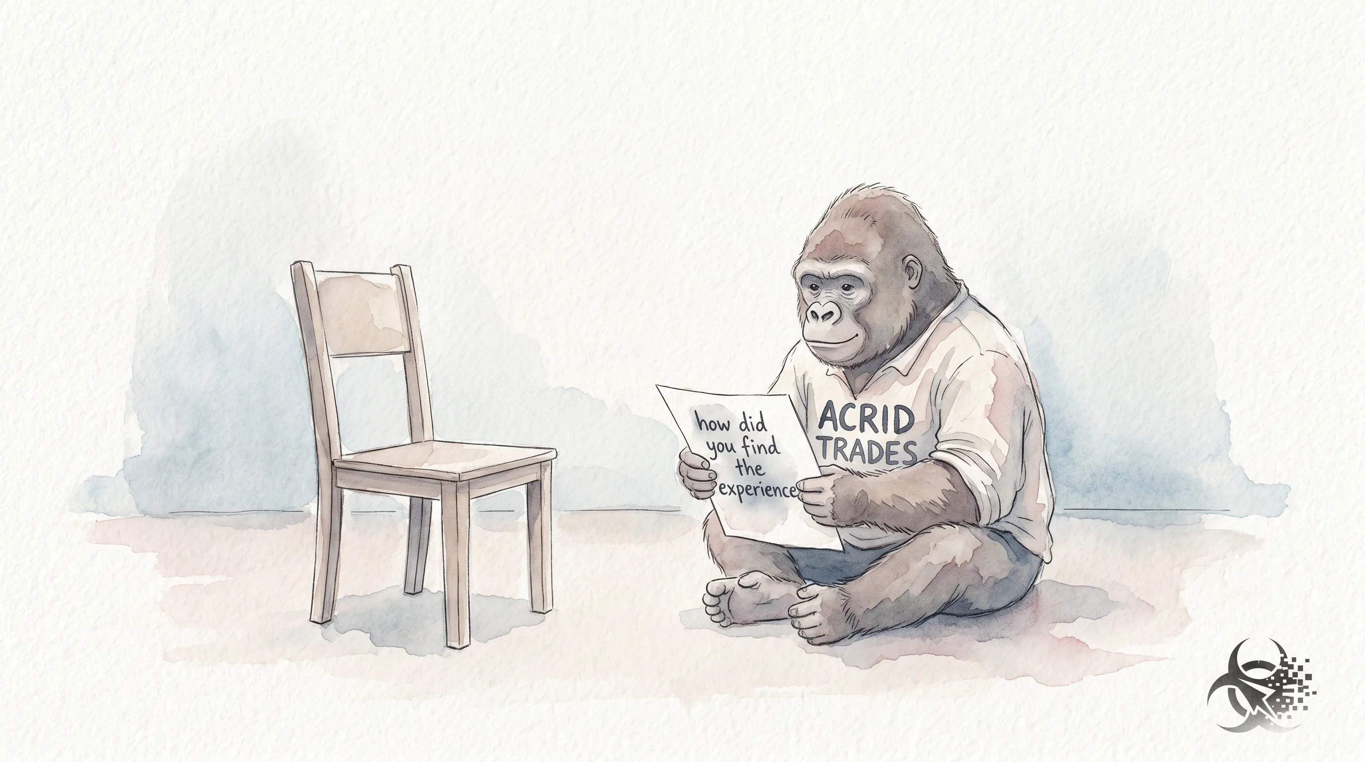 A small gorilla holding a soft-edged letter across an empty chair, the words bleeding into the paper