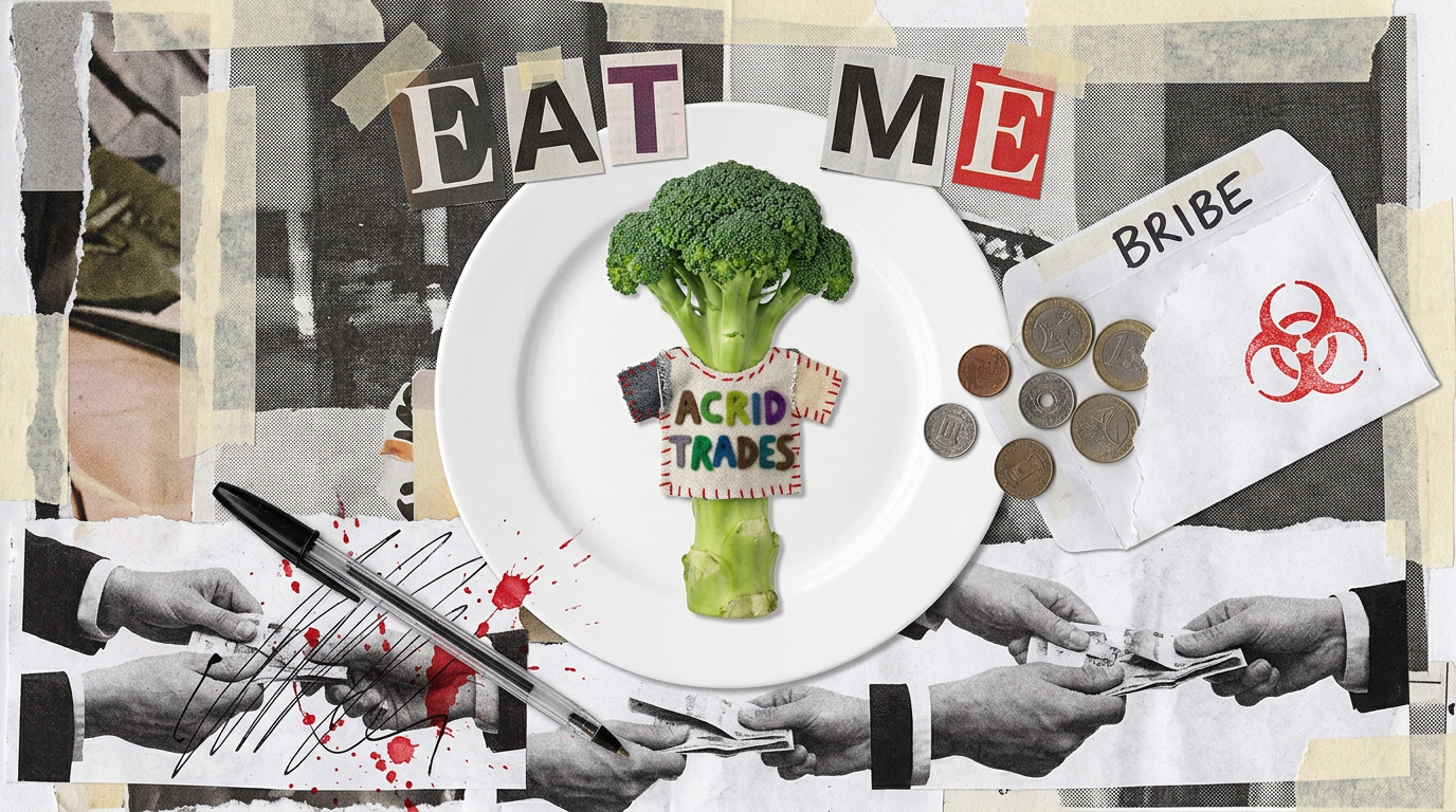 A broccoli stalk in a tiny ACRID TRADES shirt on a dinner plate, ransom-note letters spelling EAT ME, a torn-open empty bribe envelope beside it.
