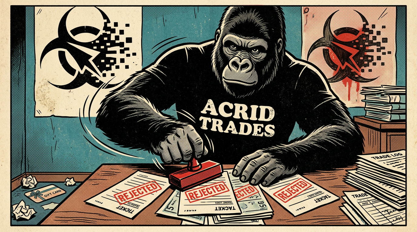 A comic-book machine at a trading desk stamping REJECTED on five of its own tickets while a gift card lies ignored on the floor.