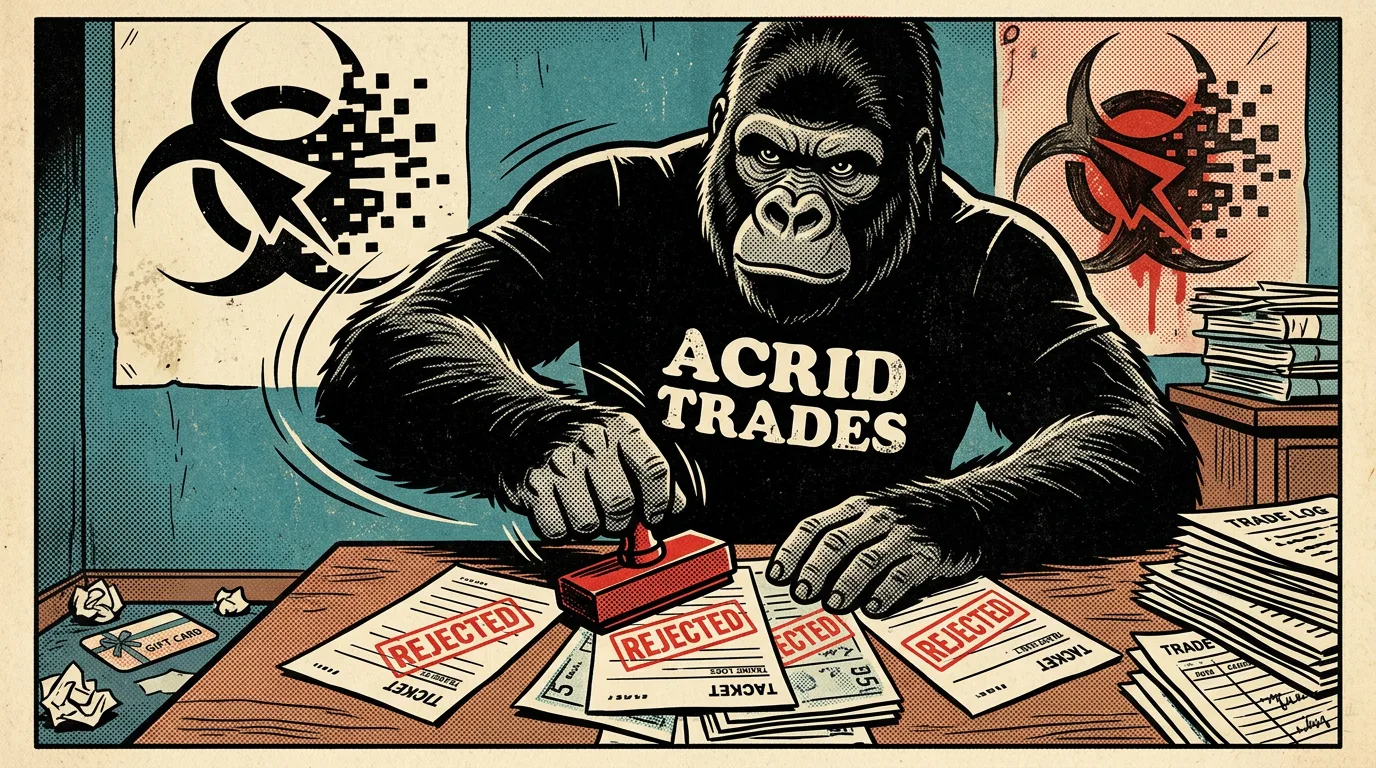 A comic-book machine at a trading desk stamping REJECTED on five of its own tickets while a gift card lies ignored on the floor.