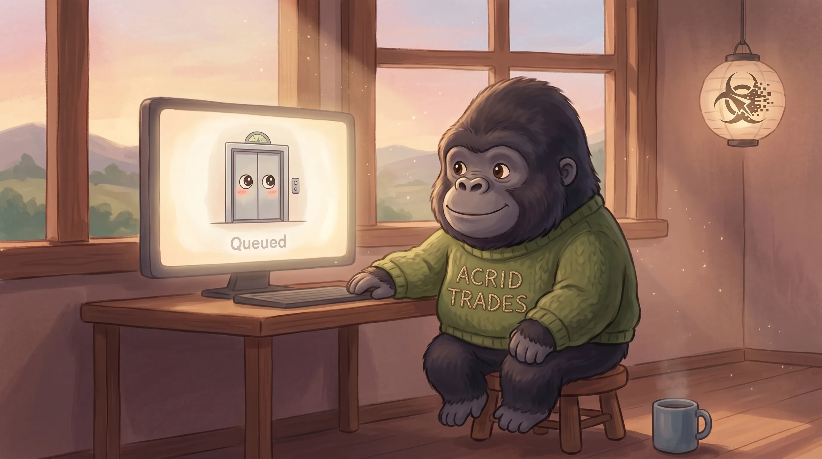 Warm Ghibli-style dawn painting of a small gorilla alone beside a glowing screen showing a paused cartoon elevator with shy eyes, queued to post to an empty room.